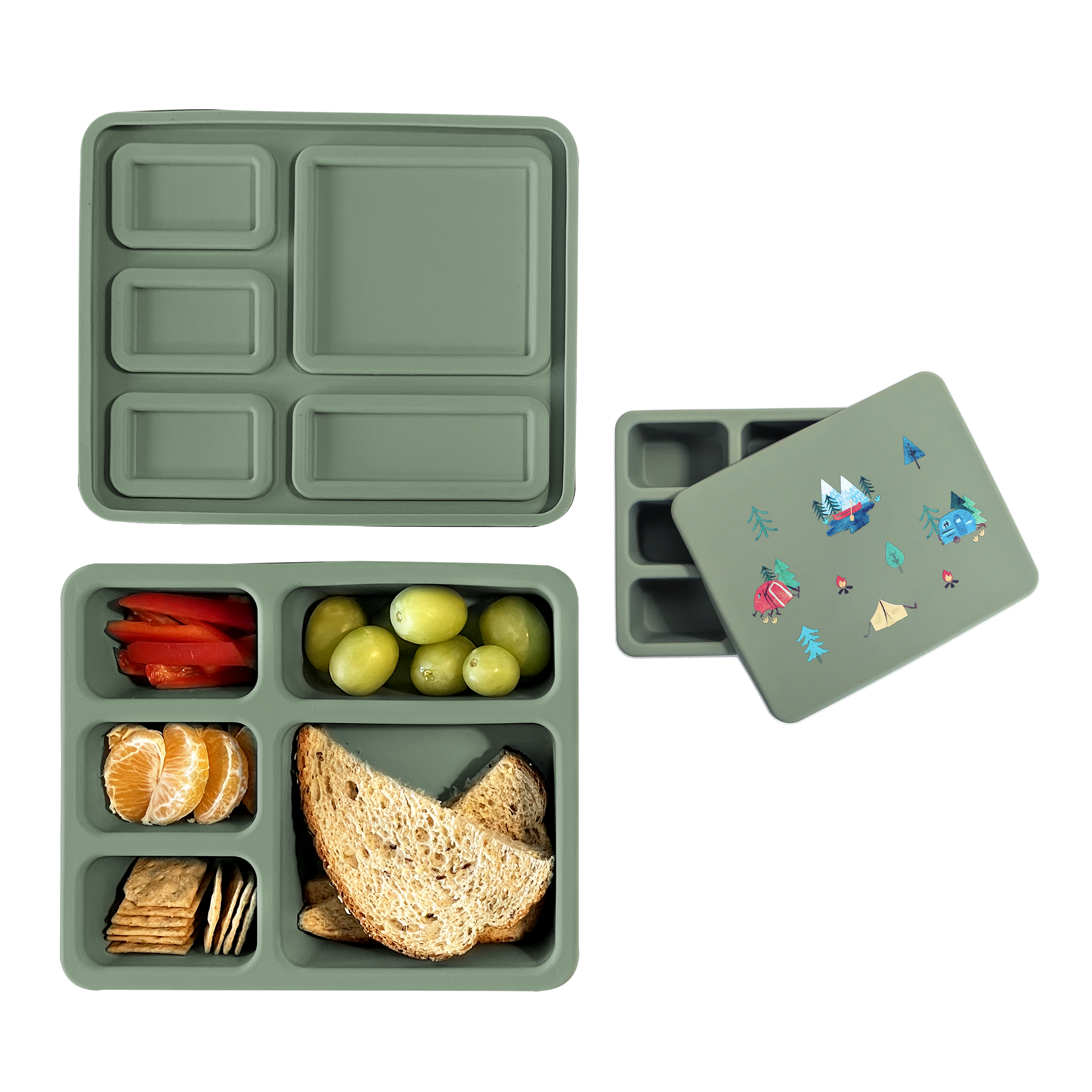 green bento lunch box with camping print