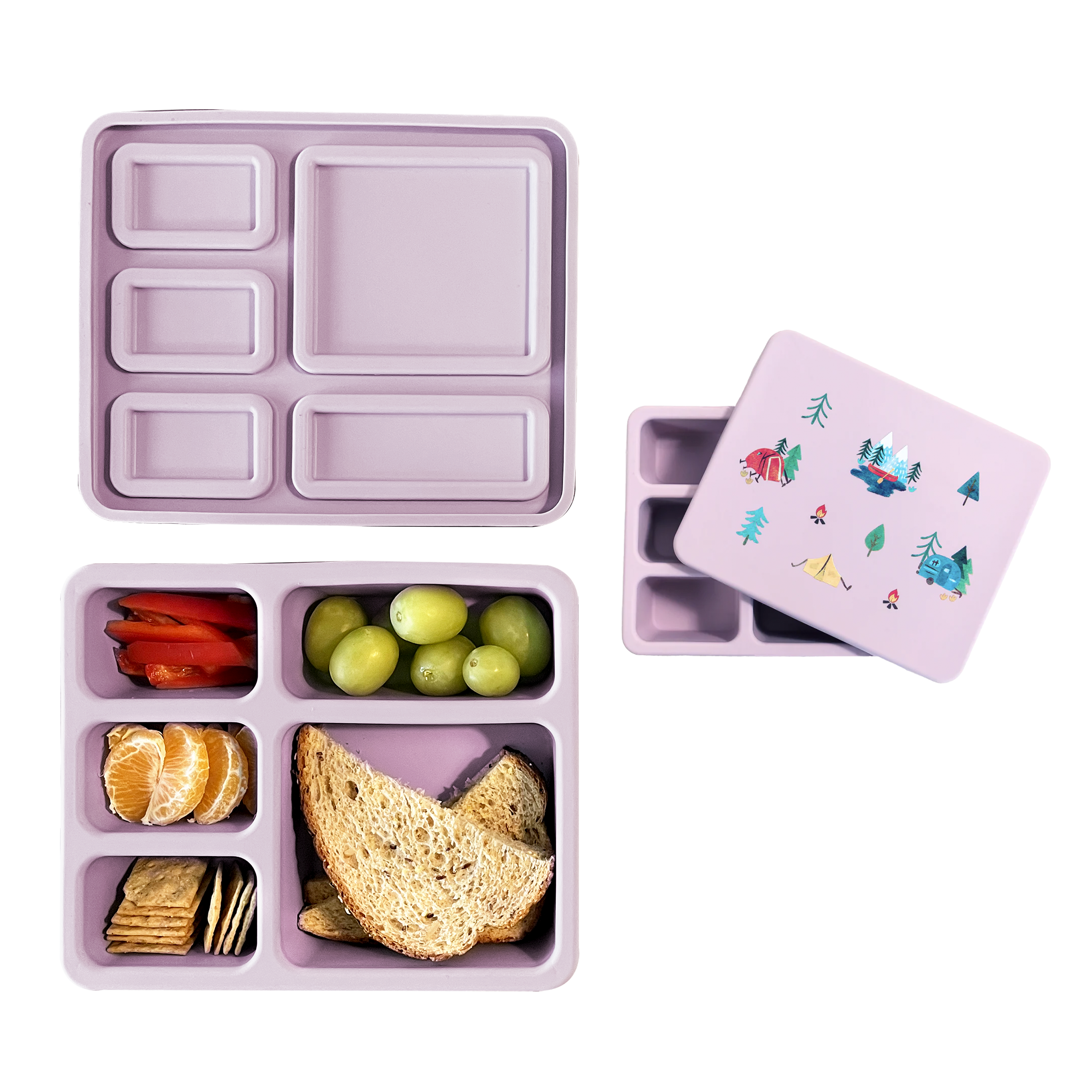 violet bento lunch box with camping print