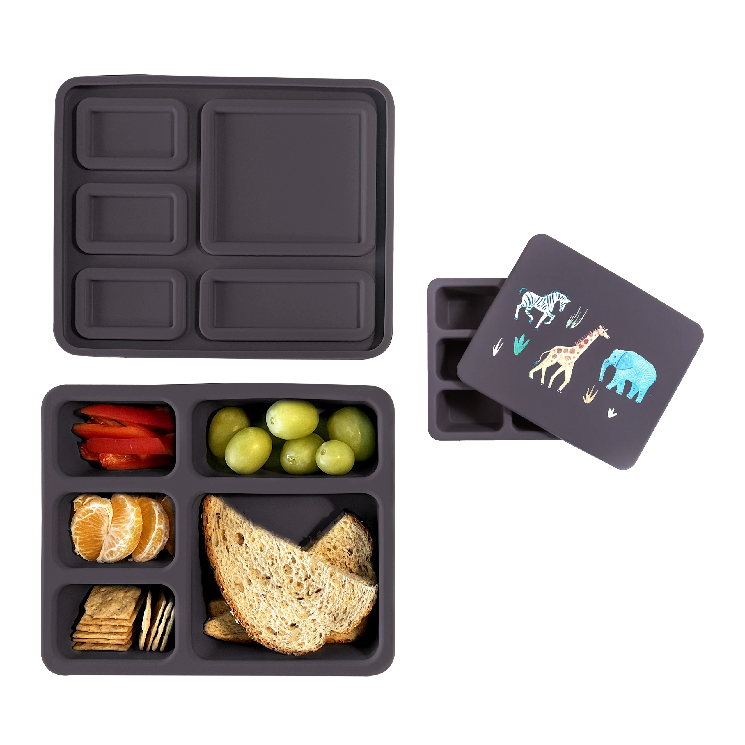 faded black bento lunch box with safari animal print