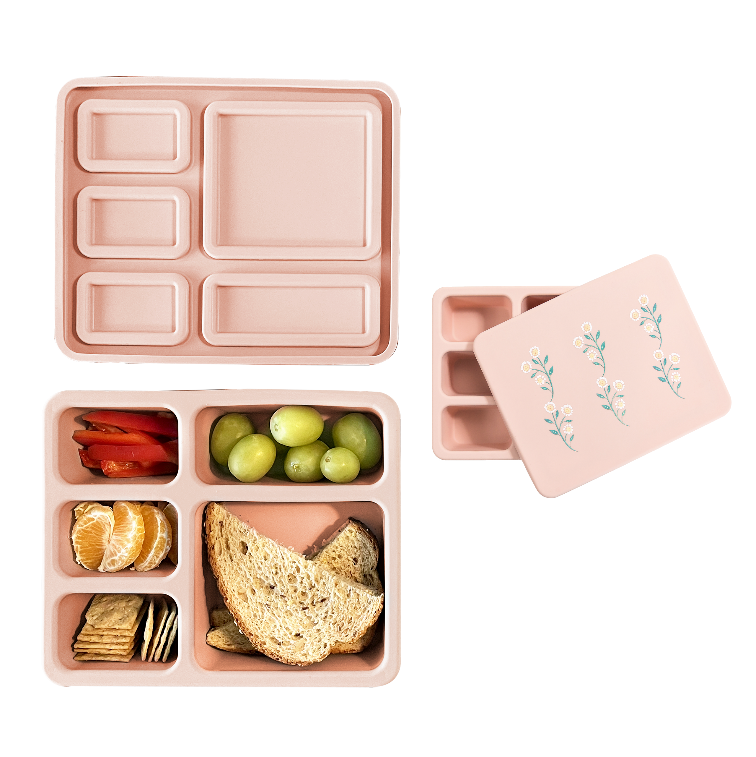 pink bento lunch box with wildflower print