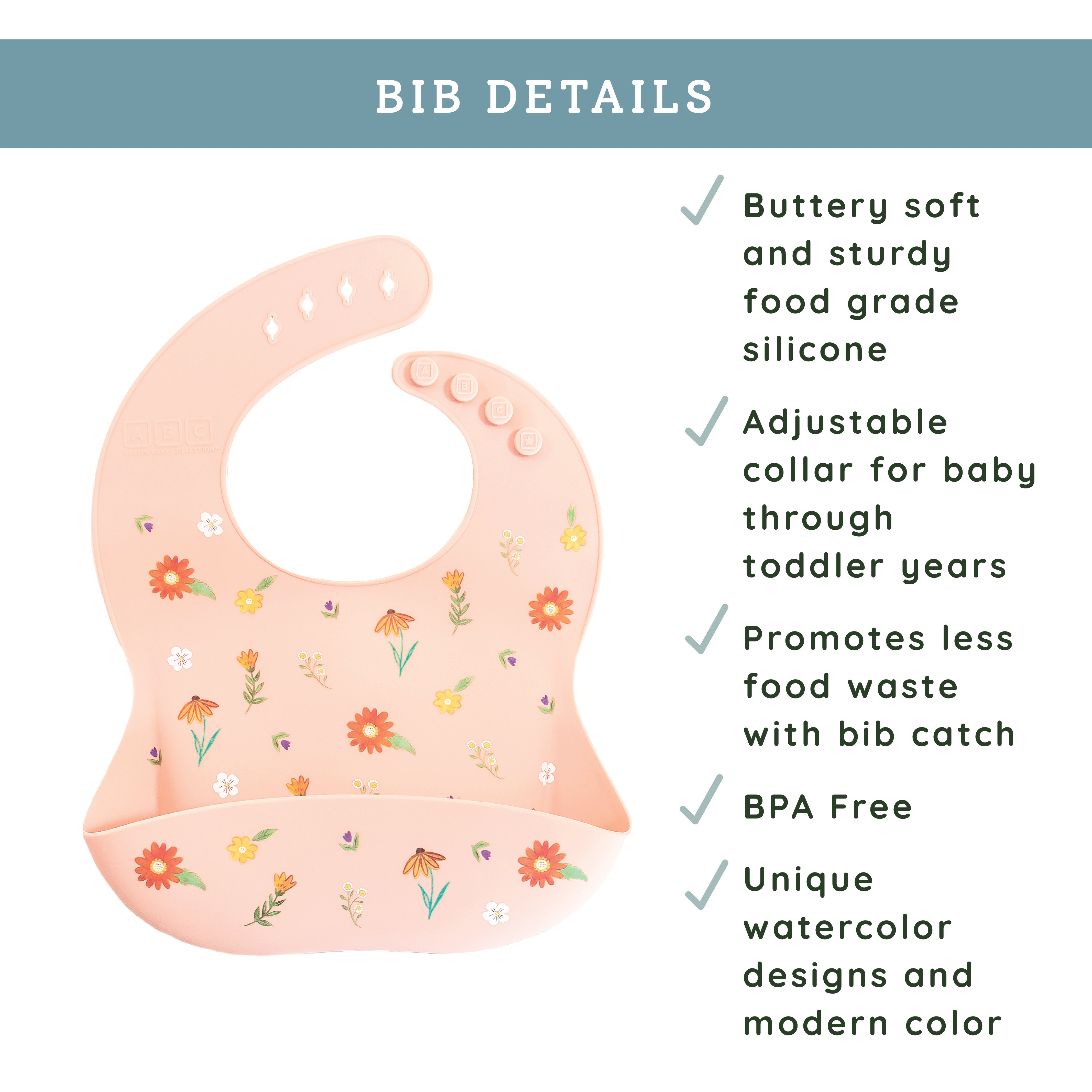 pink silicone feeding bib with front pocket in wildflower print