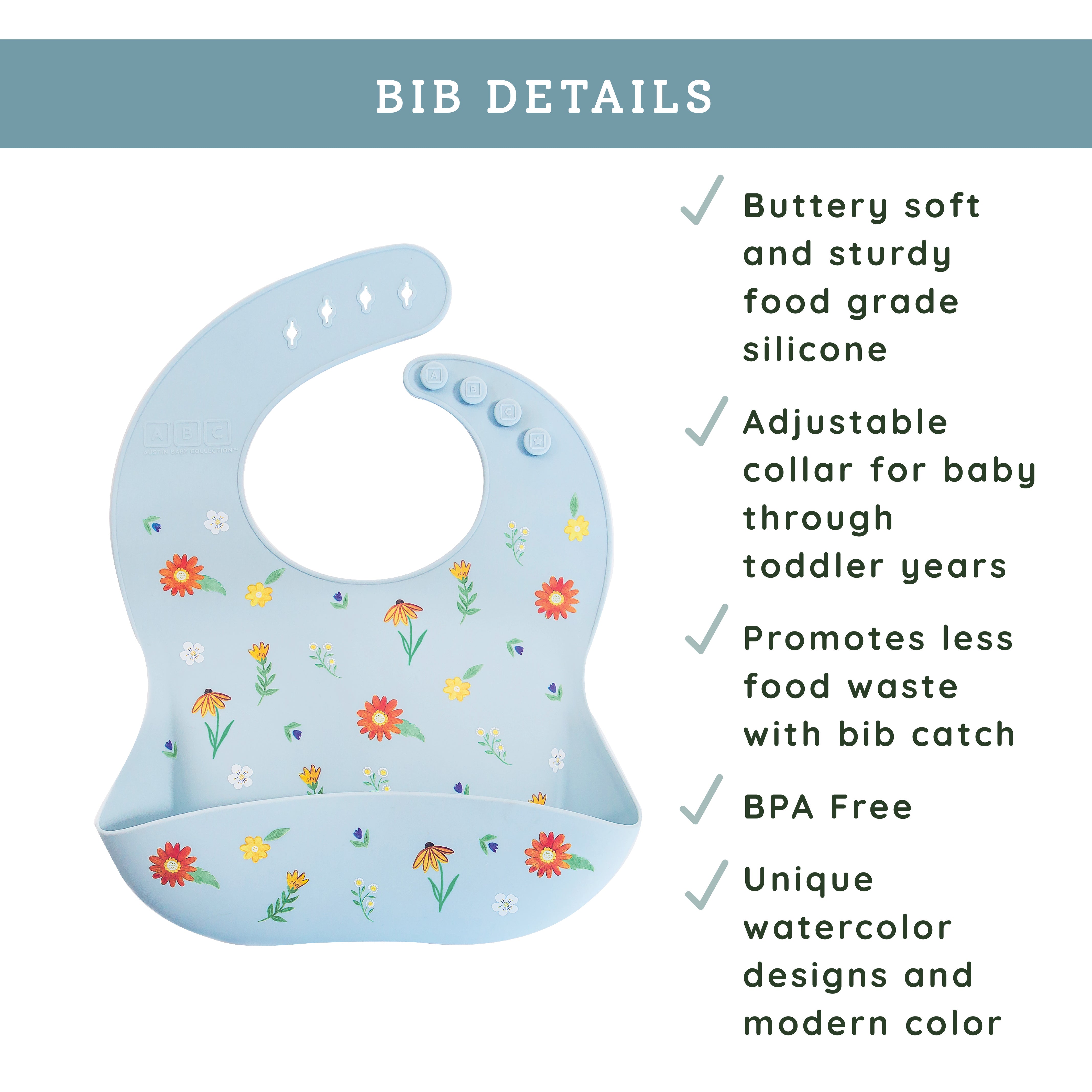 light blue silicone feeding bib with front pocket in wildflower print