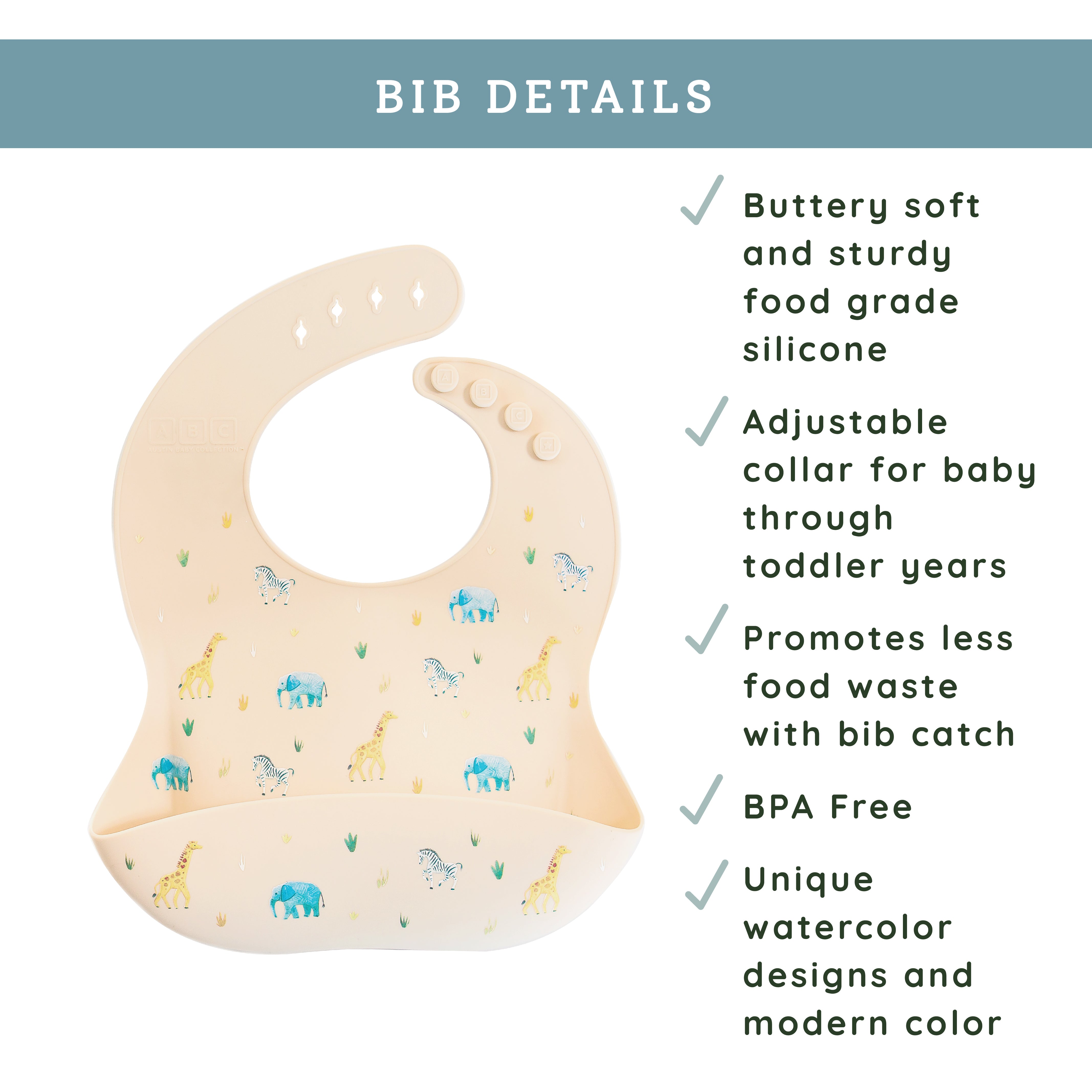 faded black silicone feeding bib with front pocket in safari animal print
