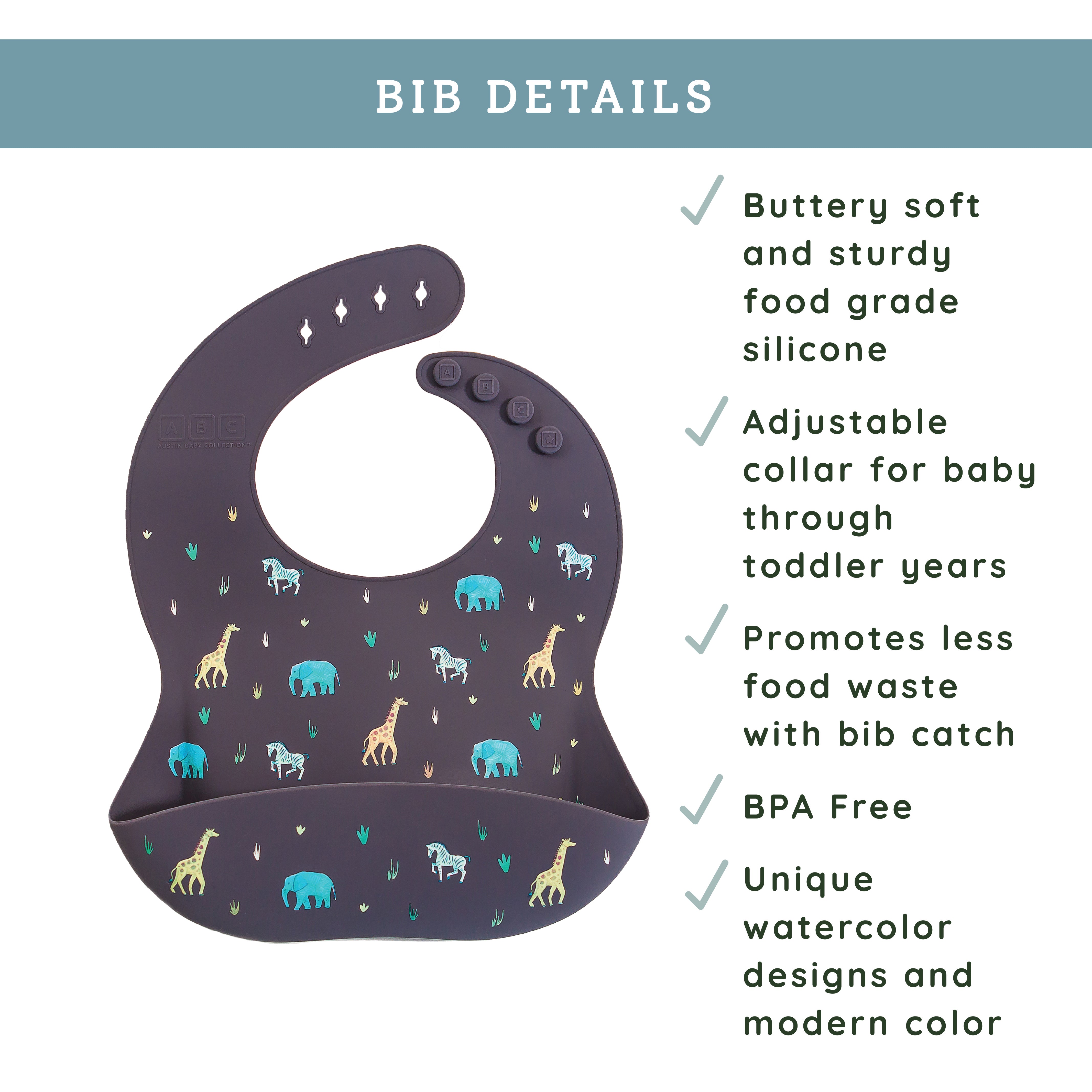 faded black silicone feeding bib with front pocket in safari animal print