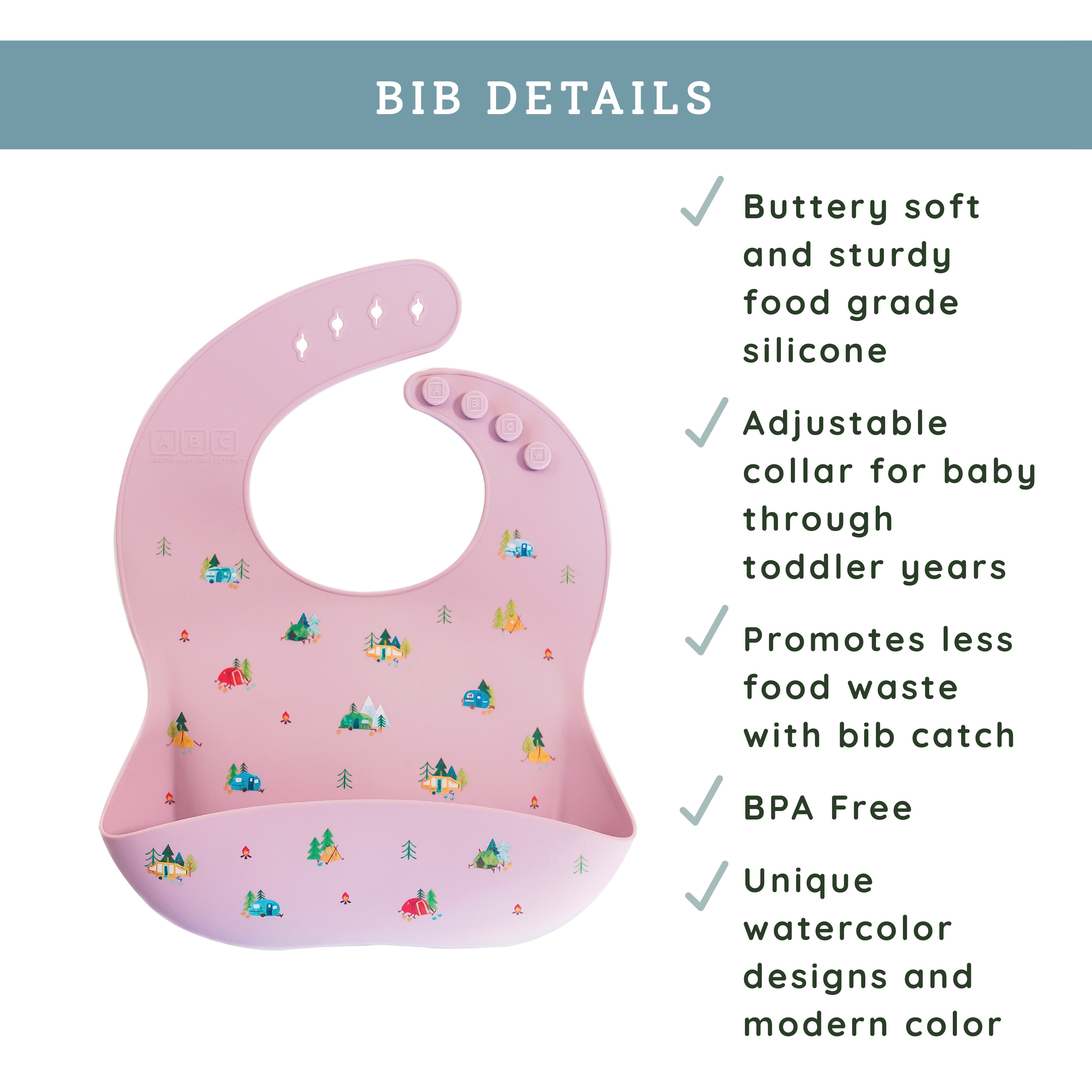 violet silicone feeding bib with front pocket in camping print