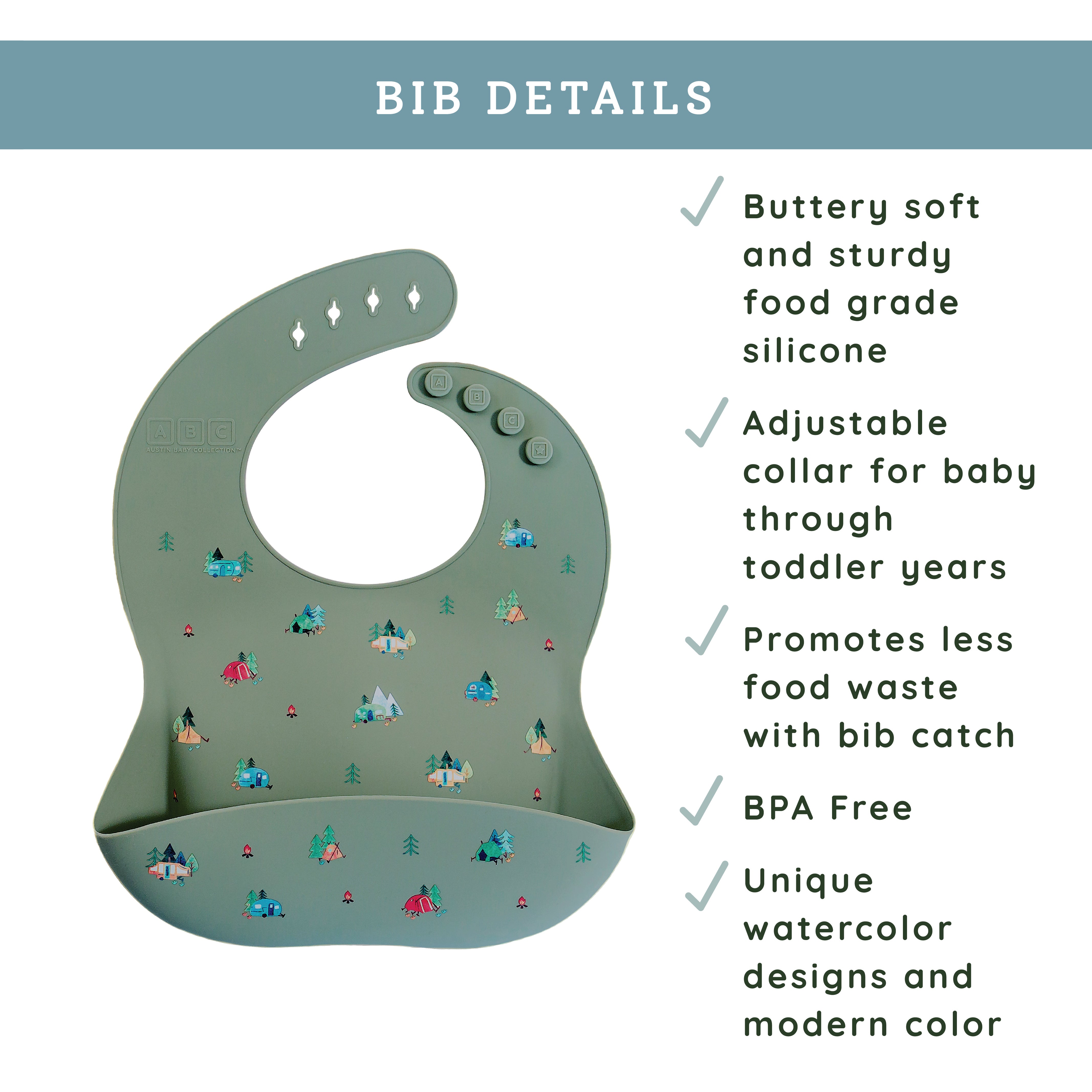 green silicone feeding bib with front pocket in camping print