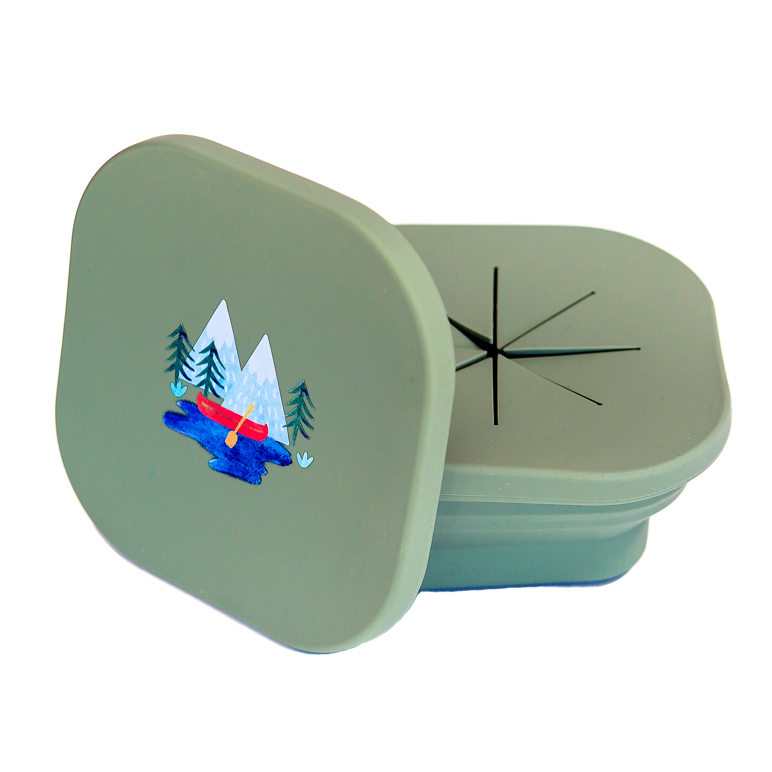 green snack bowl with lid in camping print
