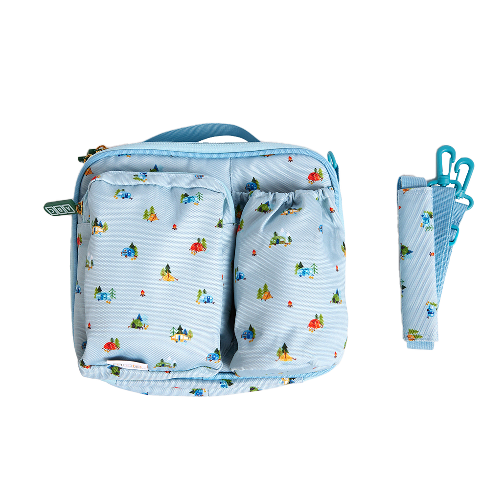 blue lunch bag in camping print with shoulder strap