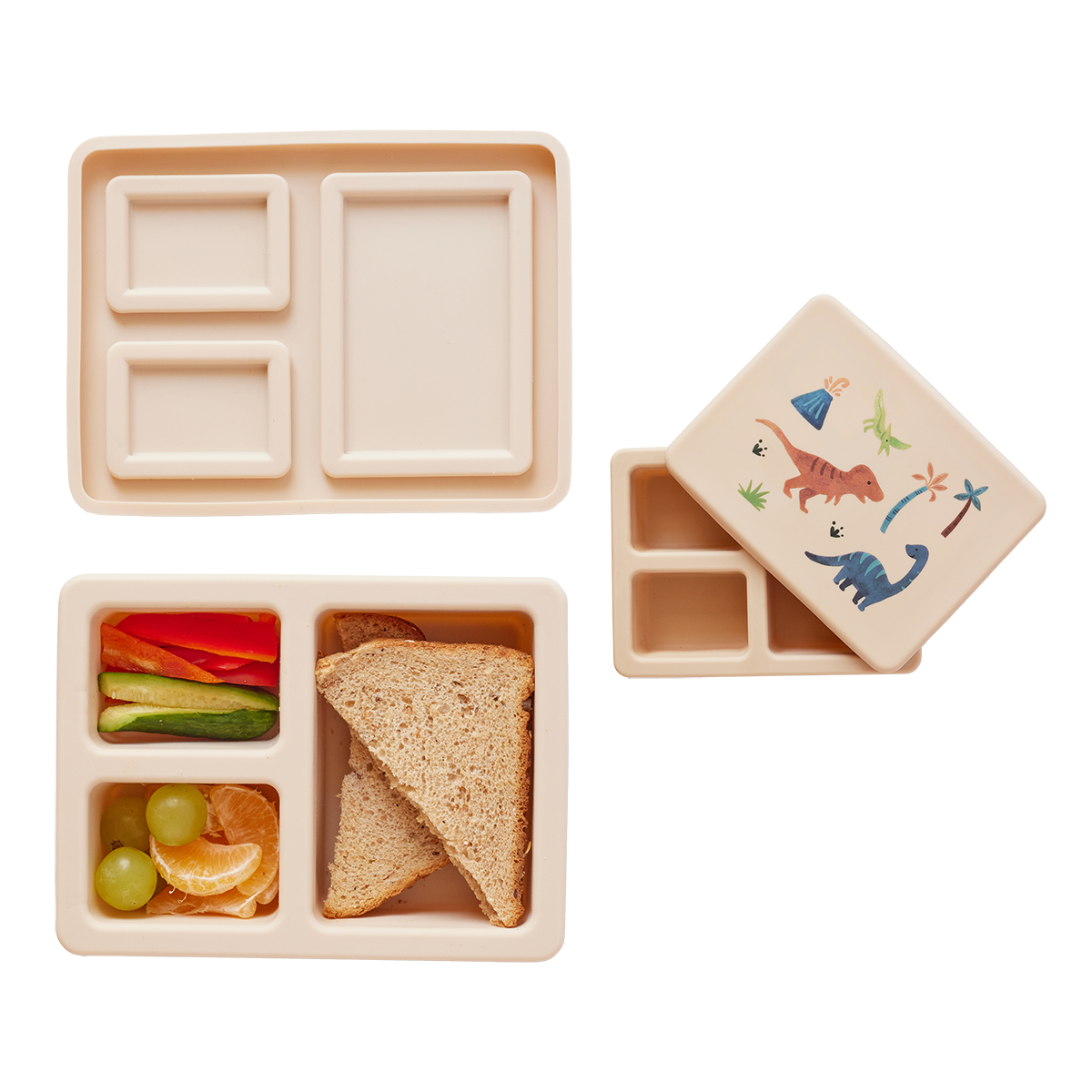 cream lunch bento box with three compartments in dinosaur print