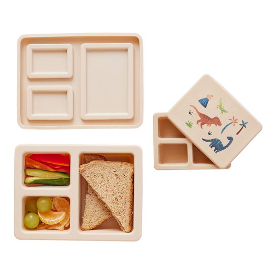 cream lunch bento box with three compartments in dinosaur print
