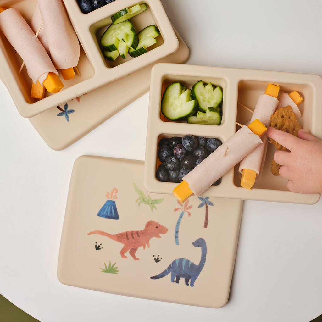 cream lunch bento box with three compartments in dinosaur print