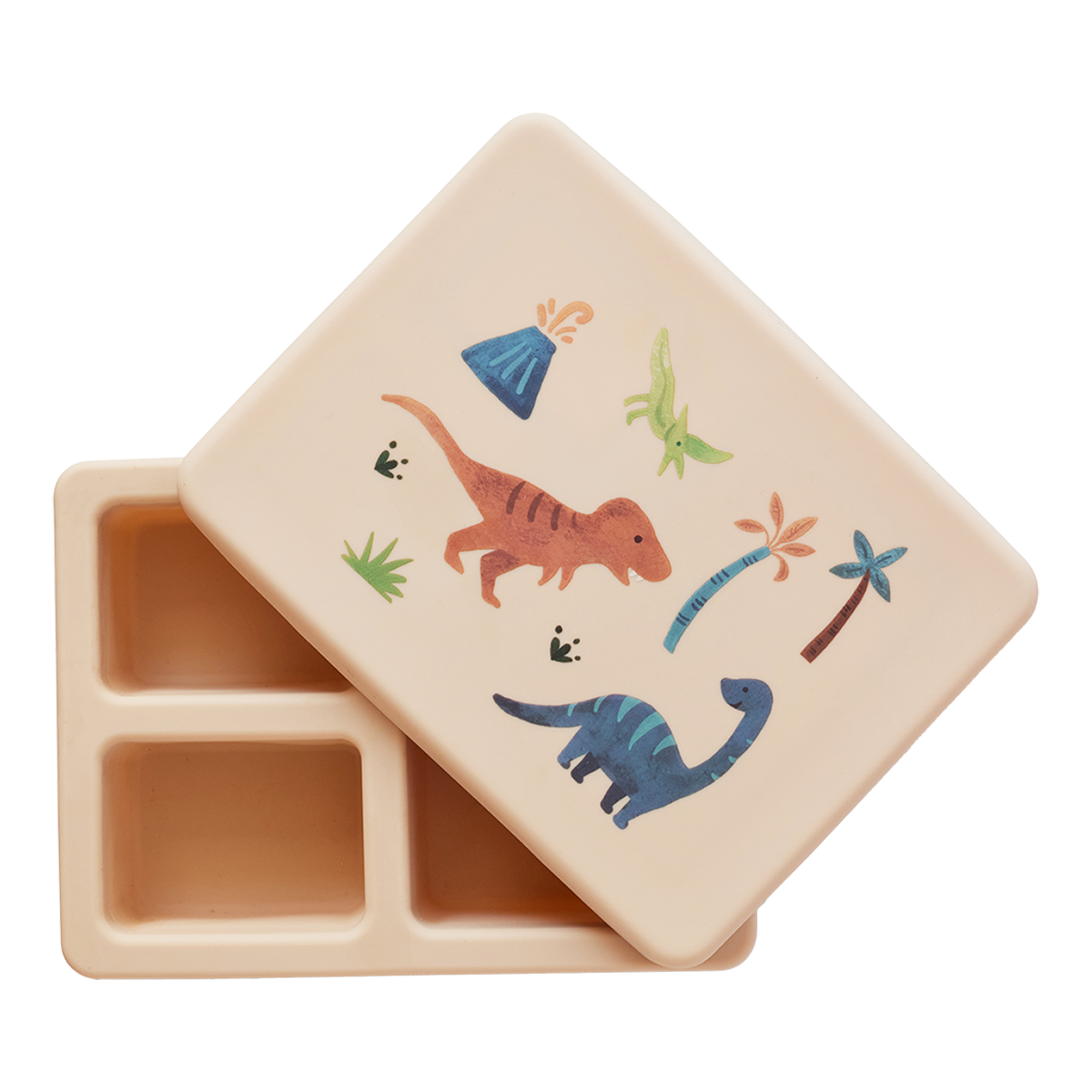 cream lunch bento box with three compartments in dinosaur print