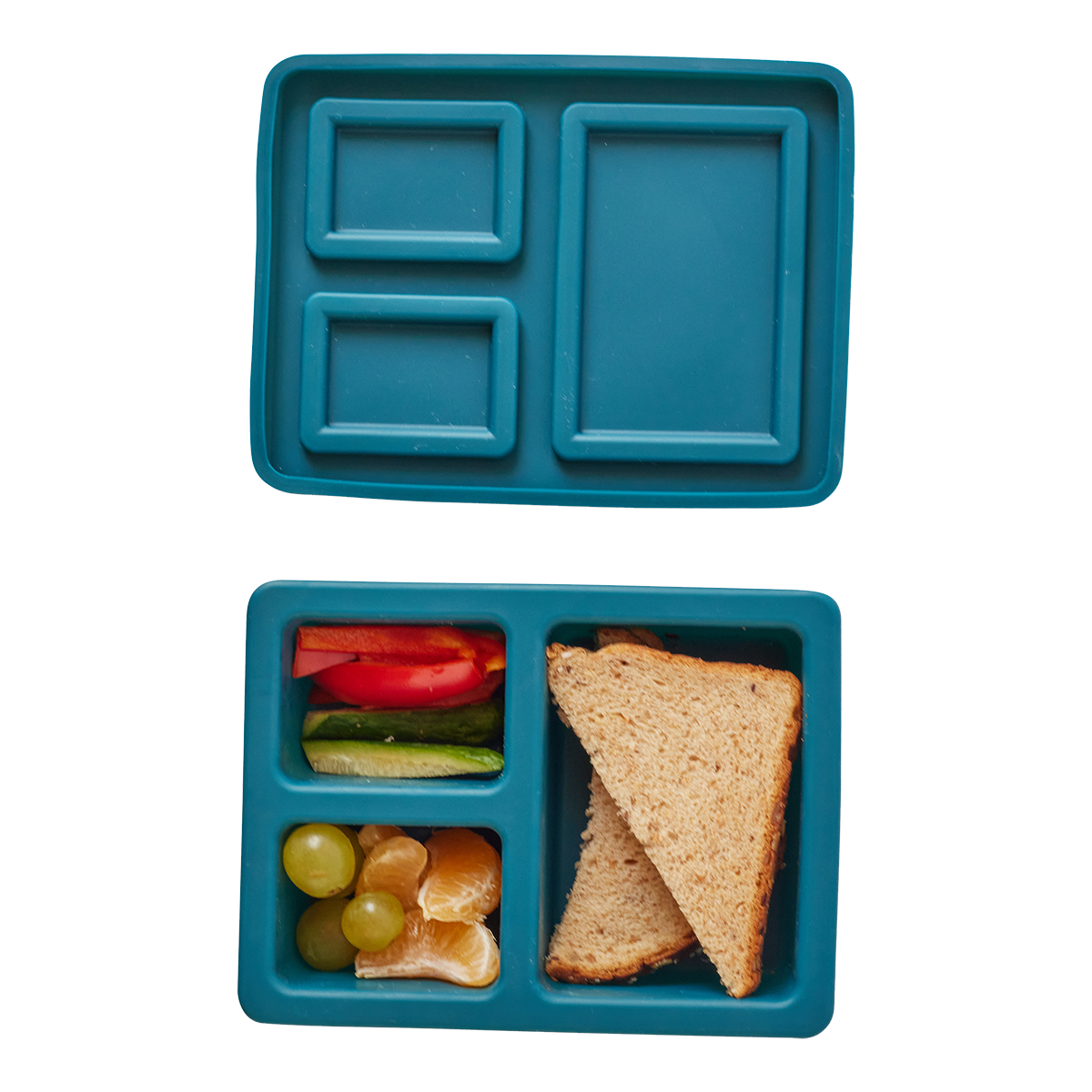 blue lunch bento box with three compartments inside