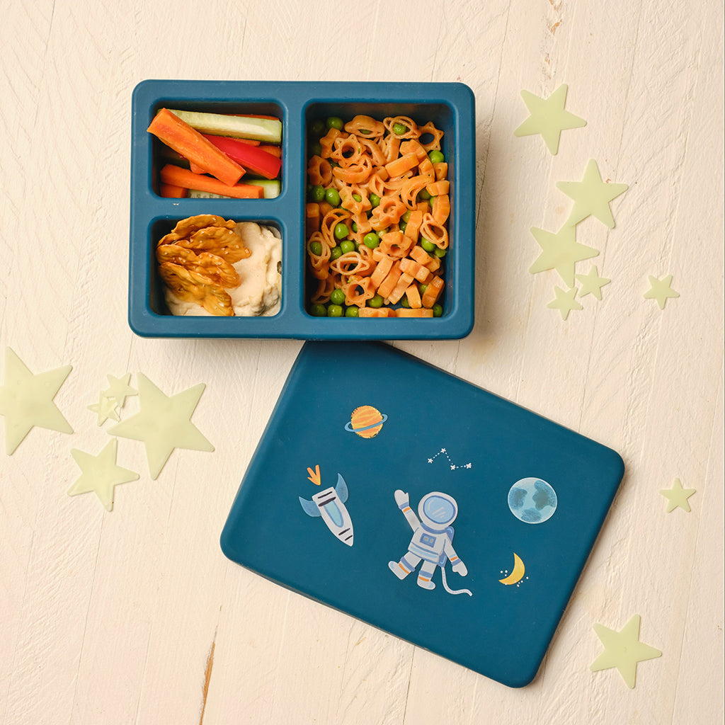 blue lunch bento box with three compartments in space print