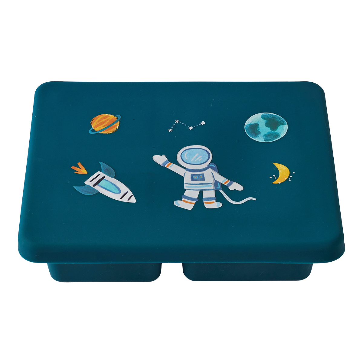 blue lunch bento box with three compartments in space print