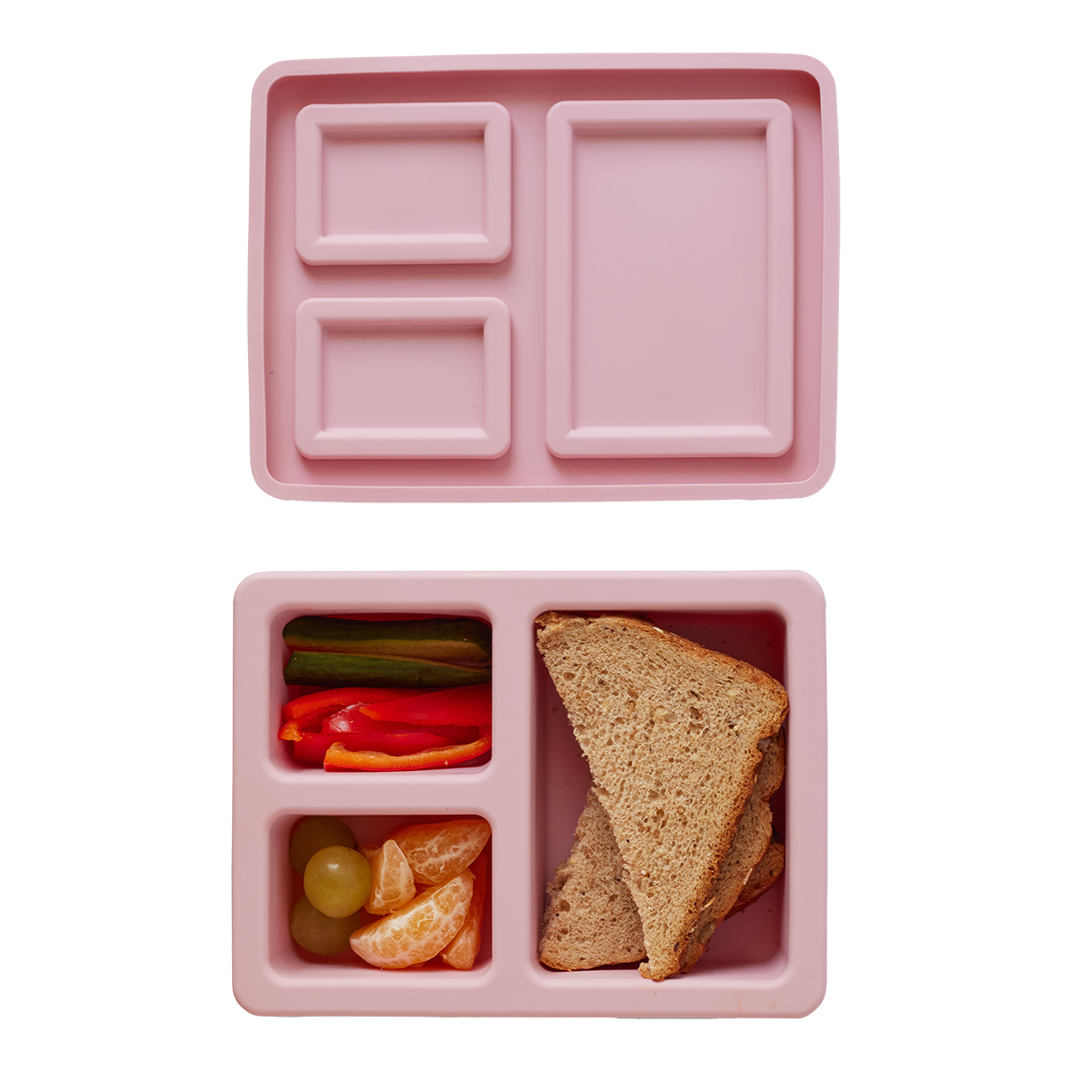 pink lunch bento box with three compartments inside