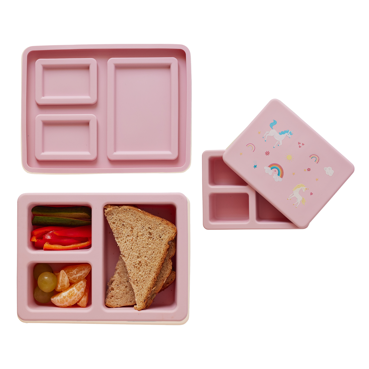 pink lunch bento box with three compartments in unicorn print