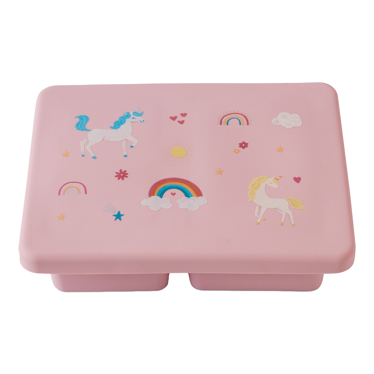 pink lunch bento box with three compartments in unicorn print