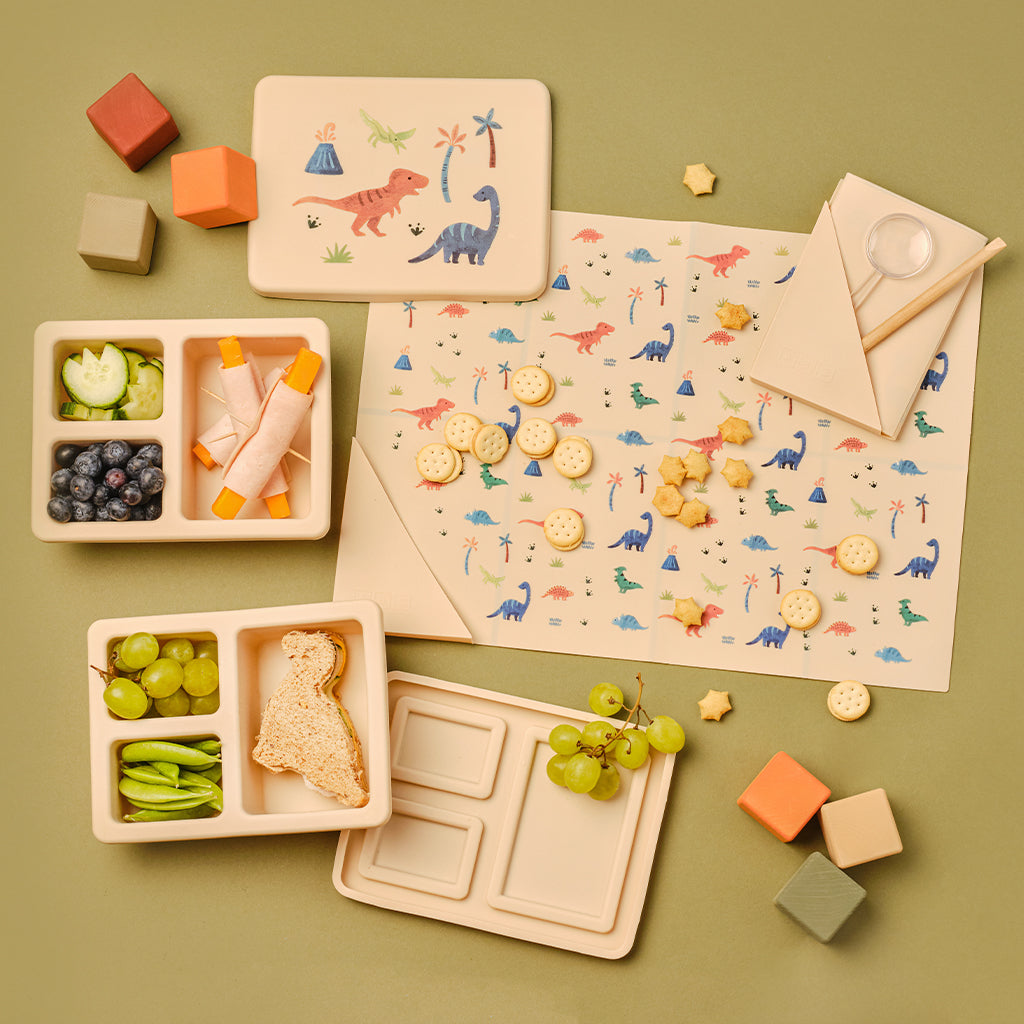 Silicone Mini Bento Box and Foldable Placemat Set Dinosaur Warm Cream