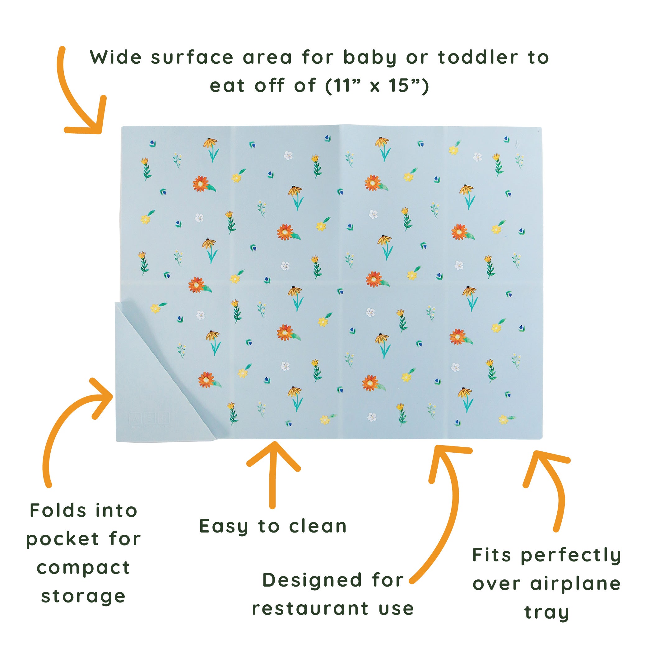 light blue silicone placemat in wildflower print