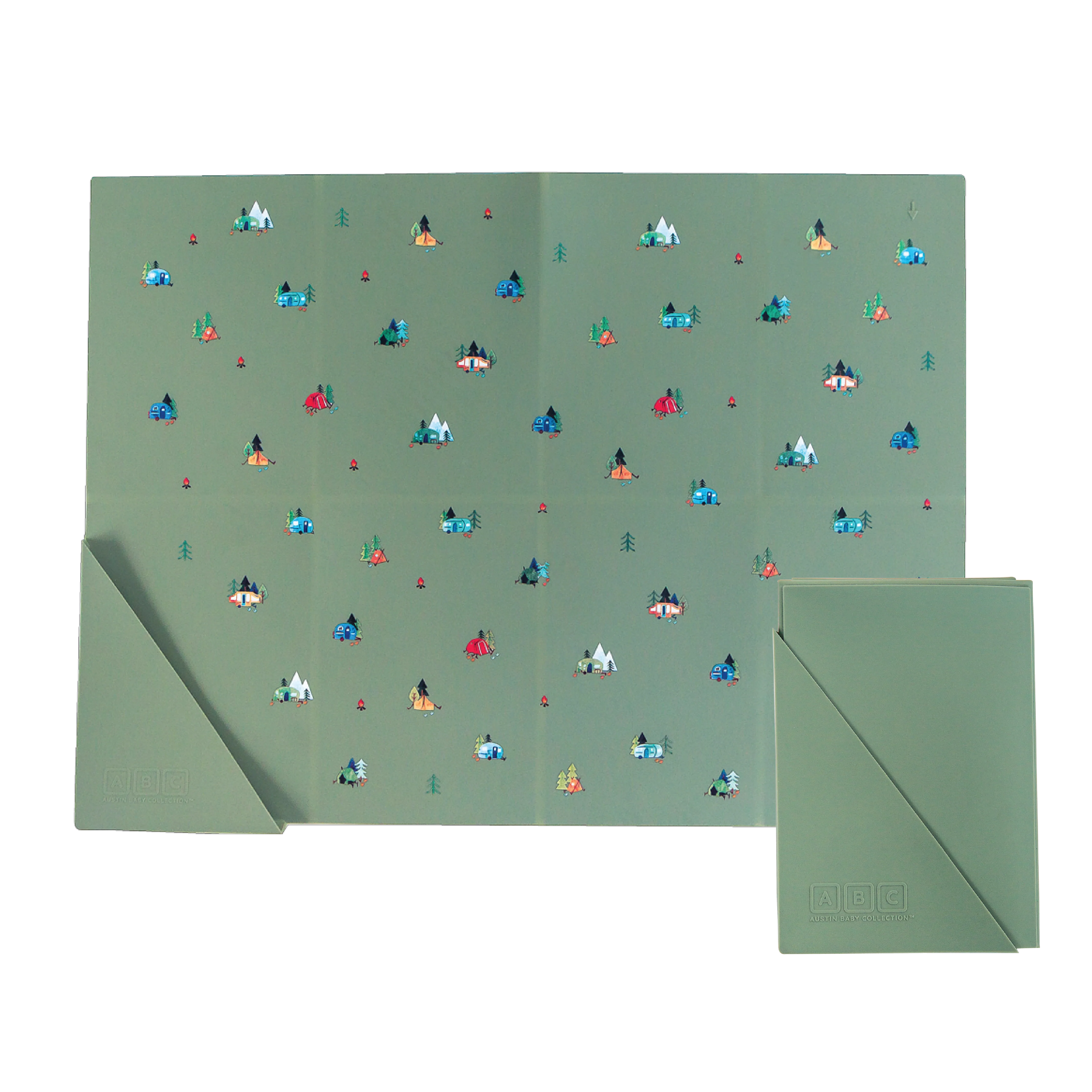 green placemat in camping print, shown folded and unfolded