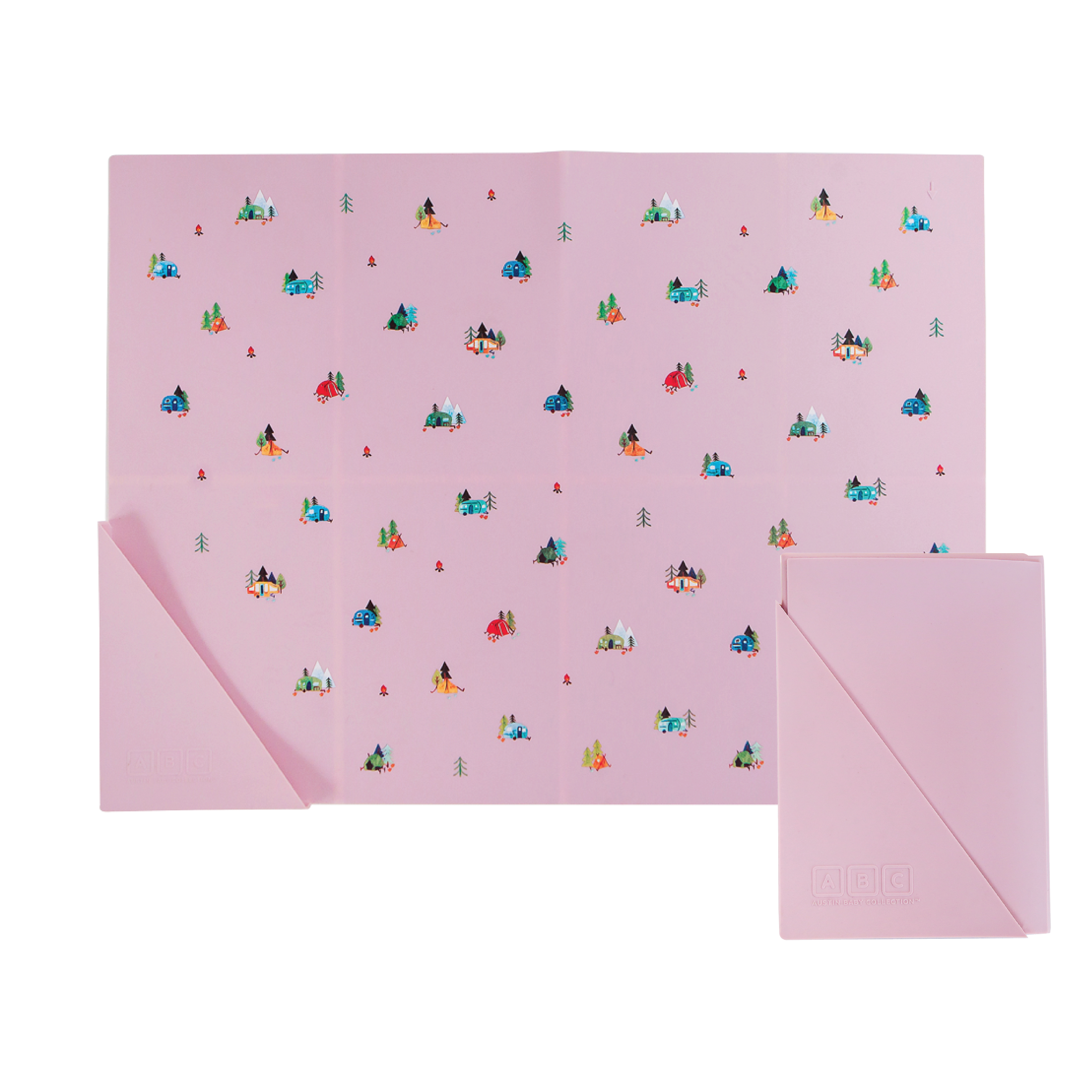 violet silicone placemat in camping print, shown folded and unfolded