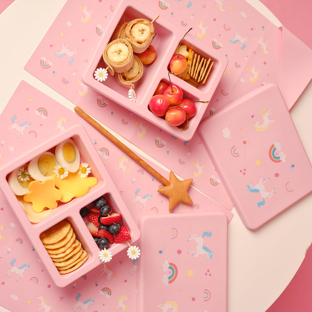 Silicone Mini Bento Box and Foldable Placemat Set Unicorn Bubblegum Pink