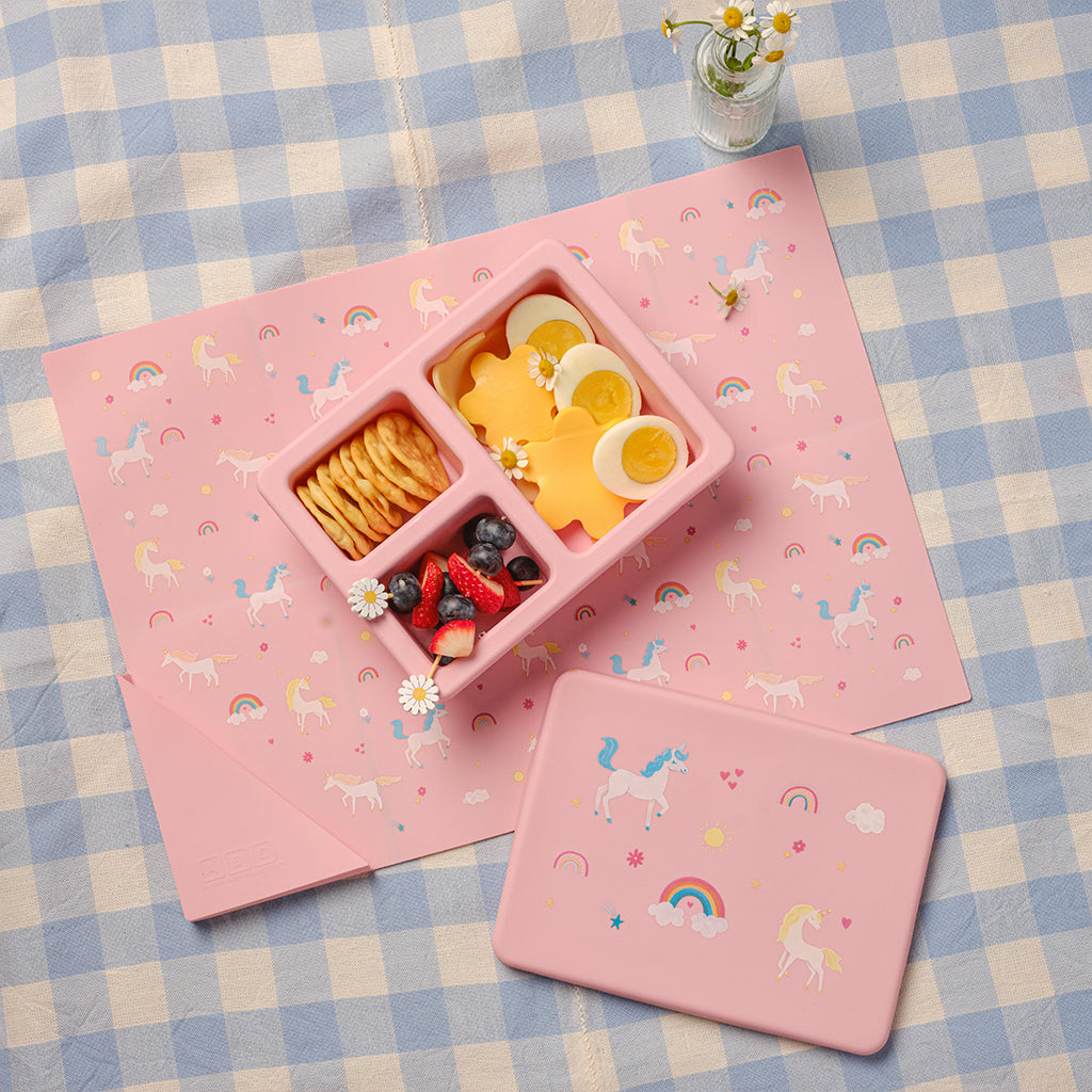 Silicone Mini Bento Box and Foldable Placemat Set Unicorn Bubblegum Pink