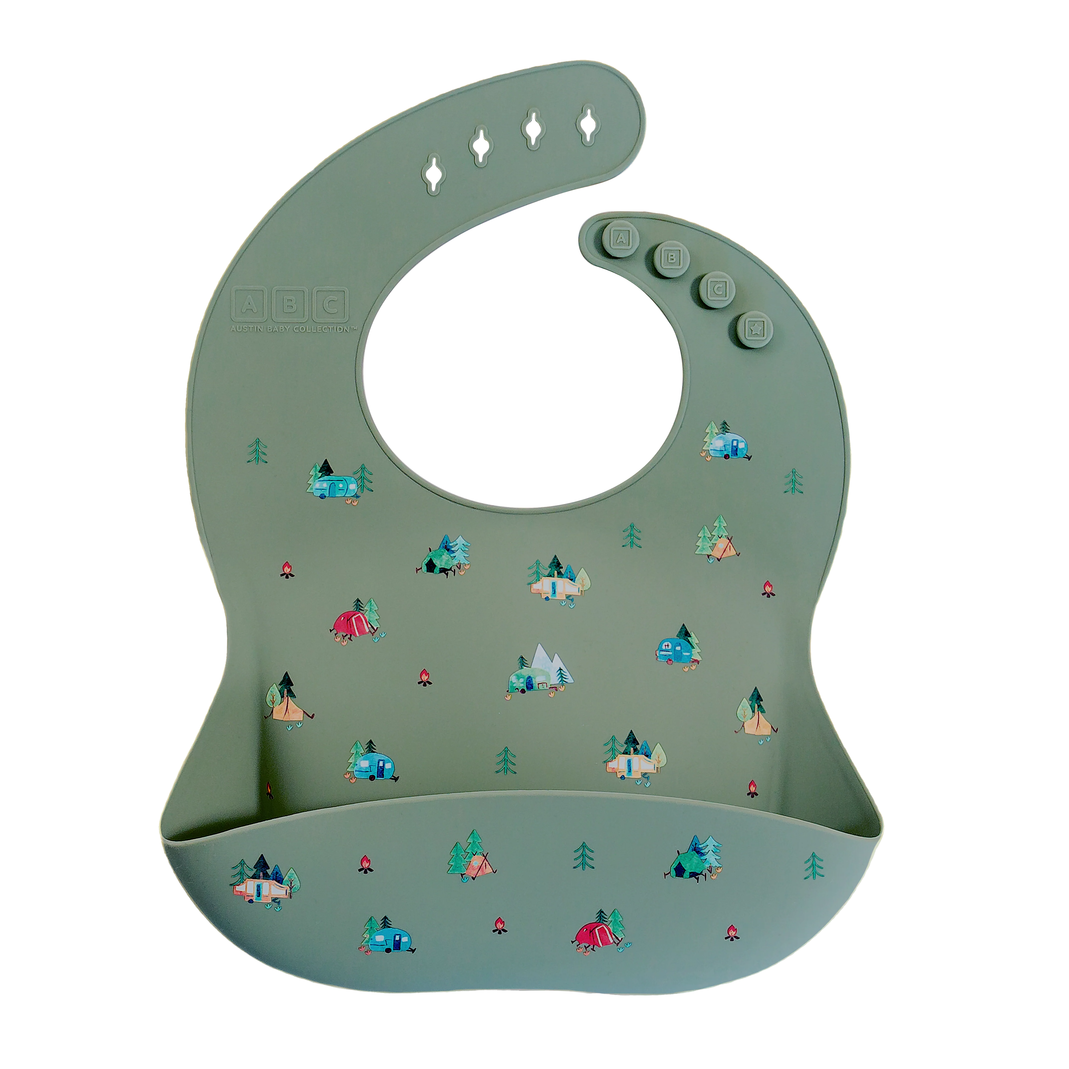 green feeding bib with front pocket in camping print