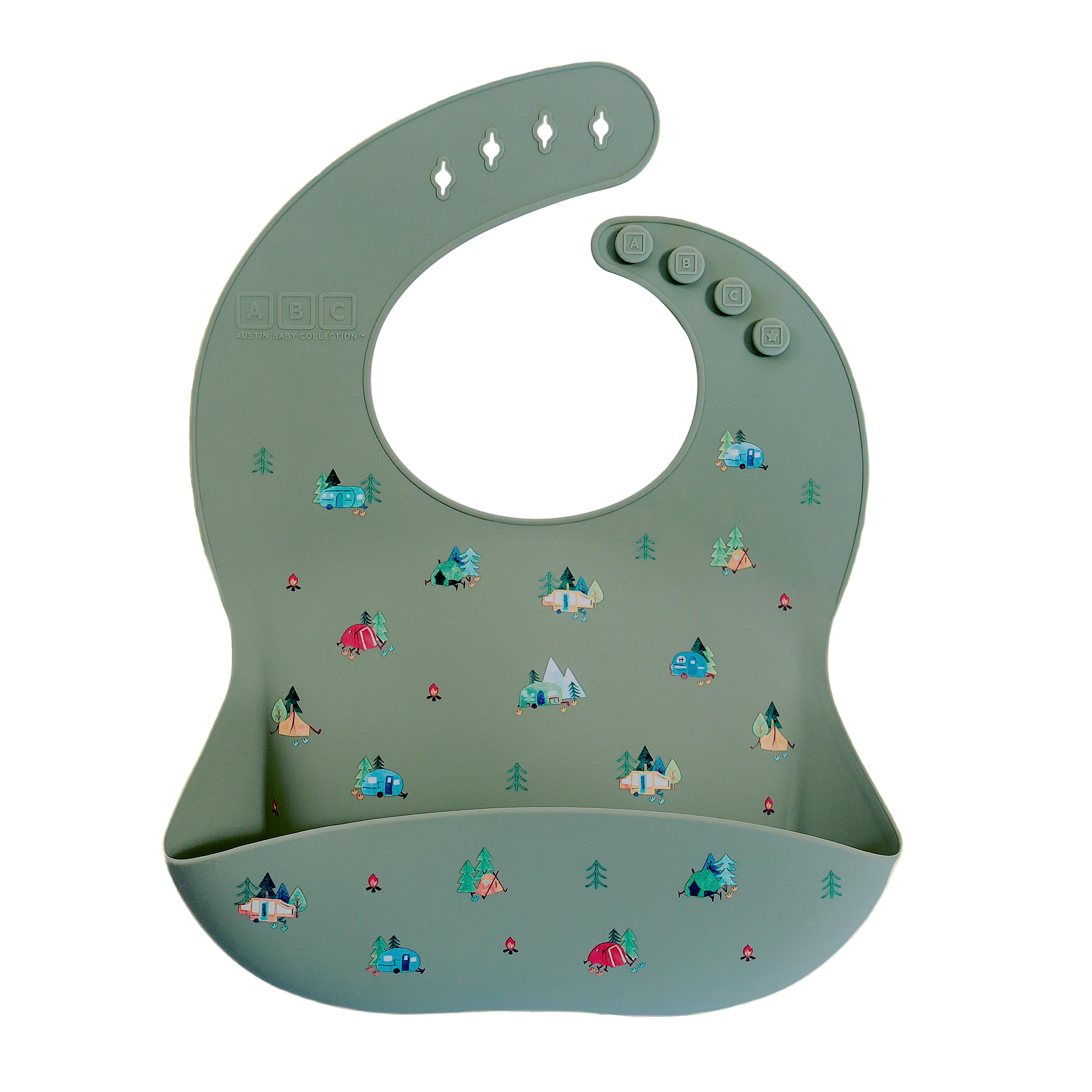 green silicone feeding bib with front pocket in camping print