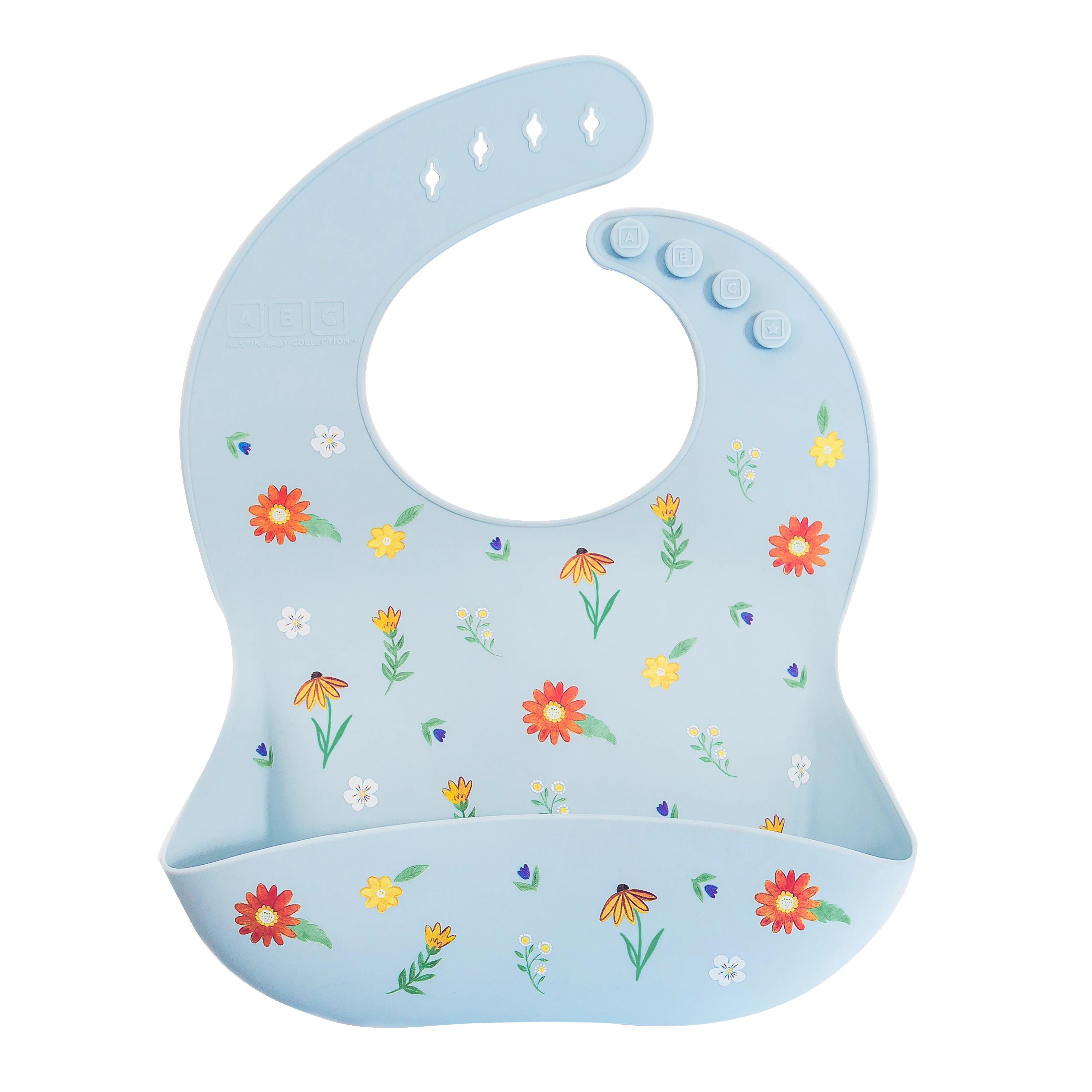 light blue feeding bib with front pocket in wildflower print