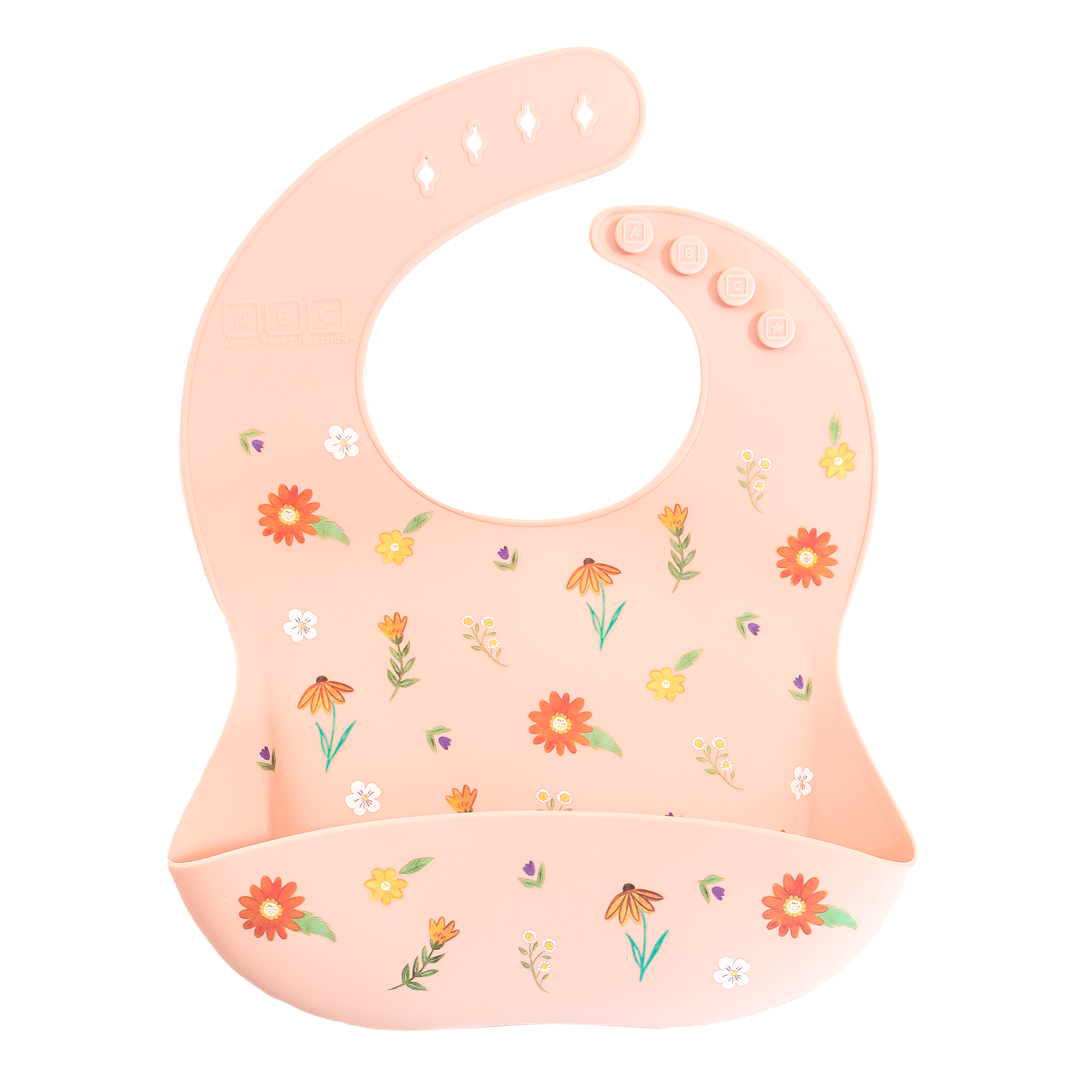 pink feeding bib with front pocket in wildflower print