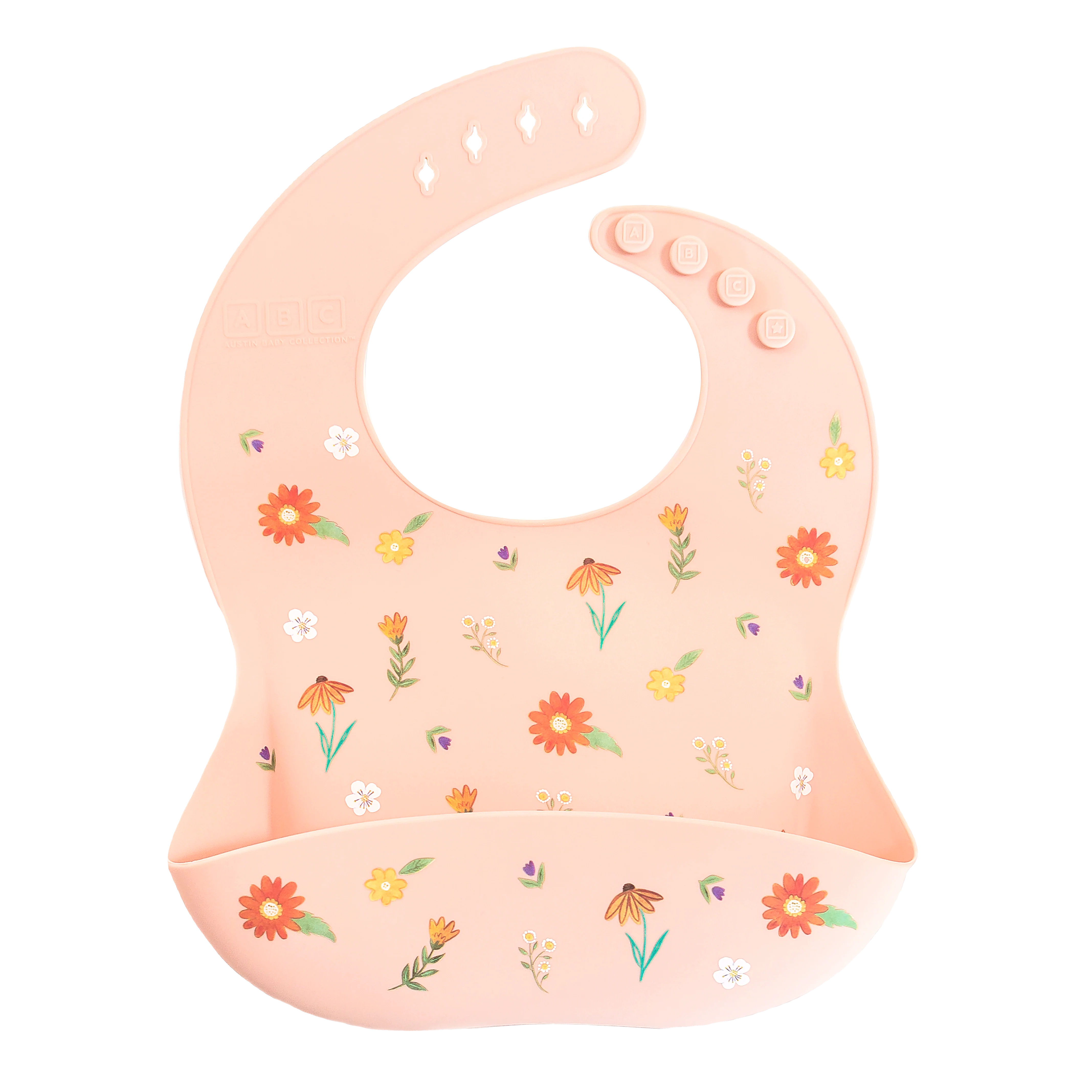 pink feeding bib with front pocket in wildflower print