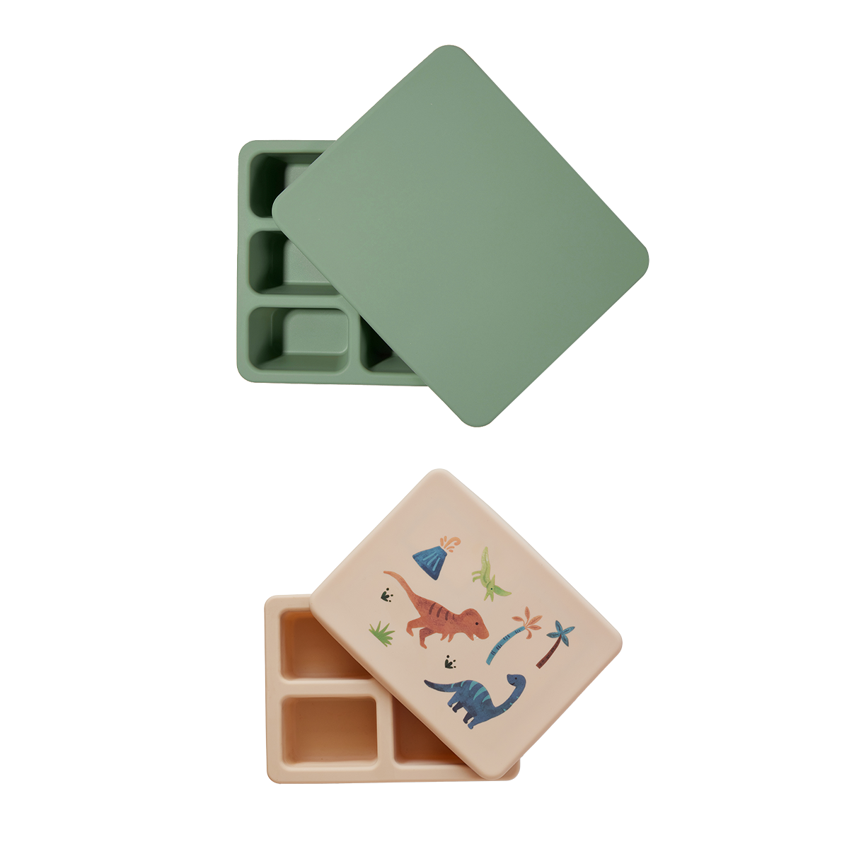 green lunch bento box and cream dinosaur mini lunch bento box