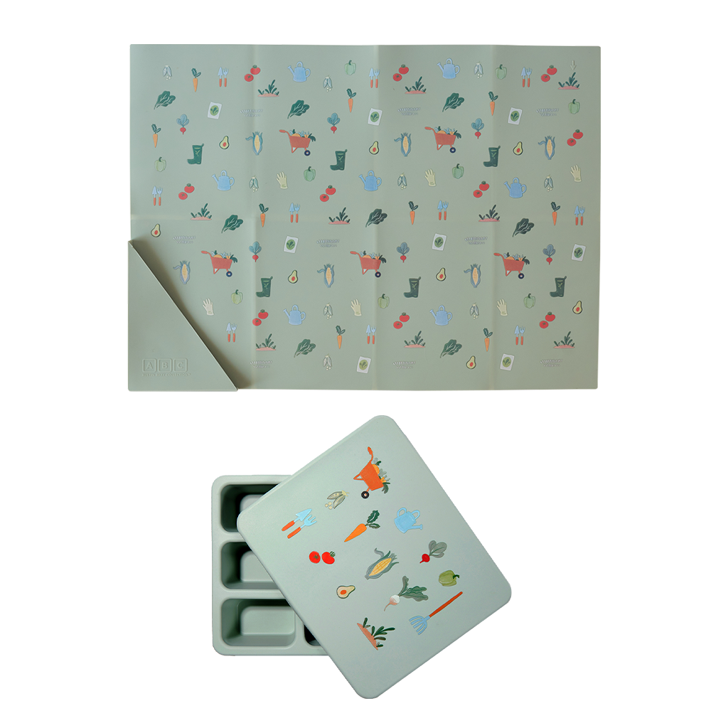 Silicone Bento Box and Foldable Placemat Set Veggie Garden Robin's Egg Blue