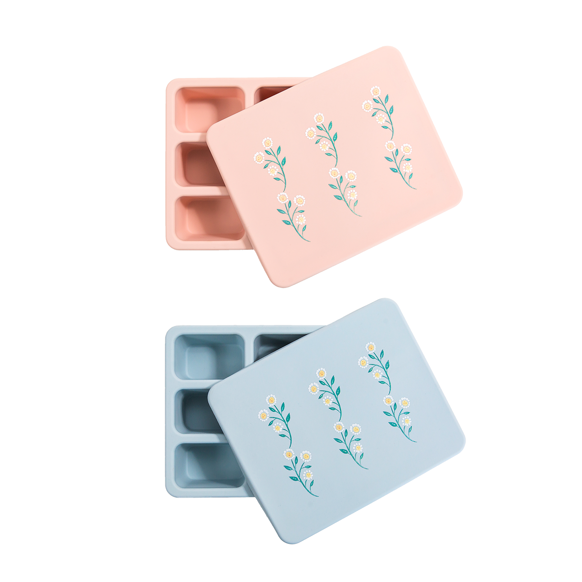 pink lunch bento box with wildflower print and blue lunch bento box with wildflower print