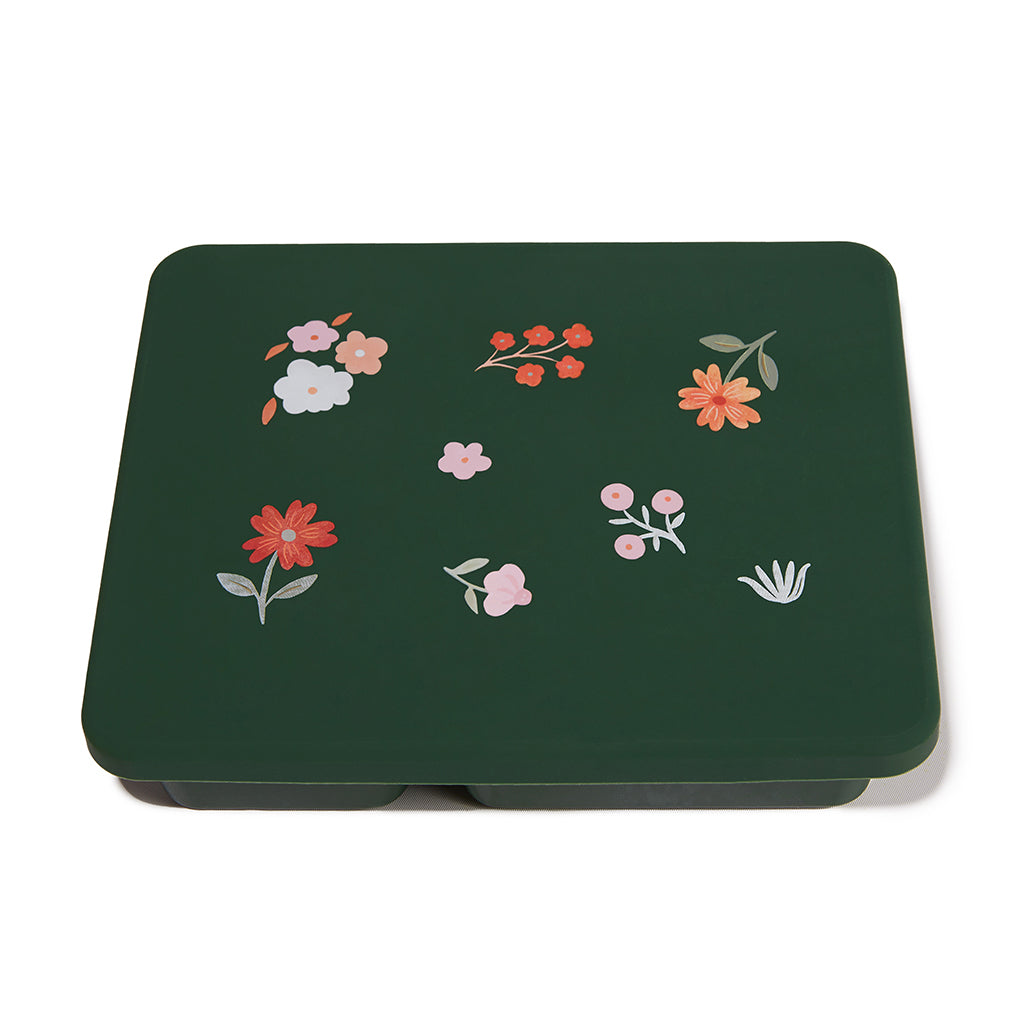 dark green bento lunch box with floral print