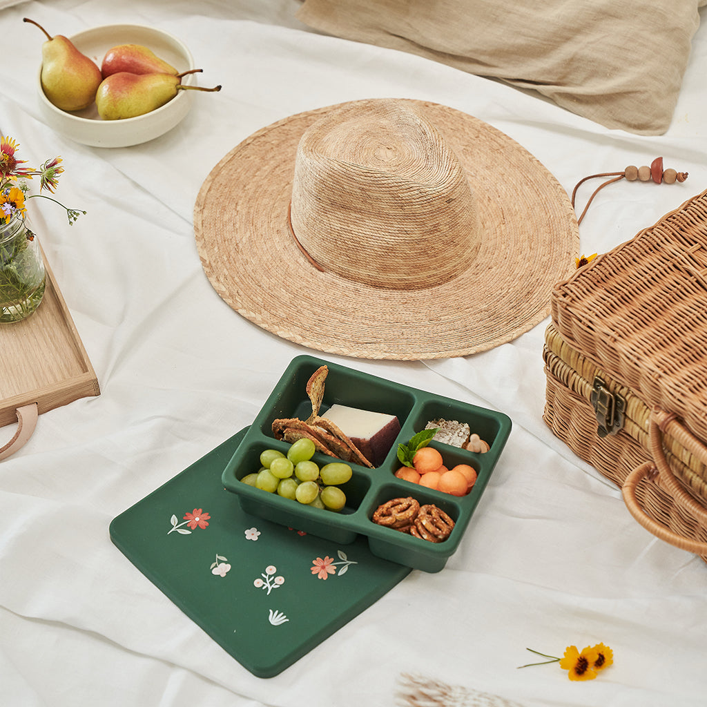 dark green bento lunch box with floral print