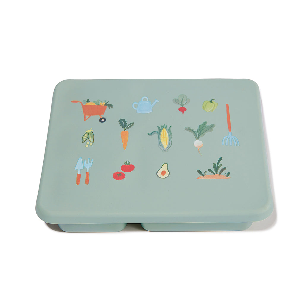 robin's egg blue bento lunch box with vegetable garden print