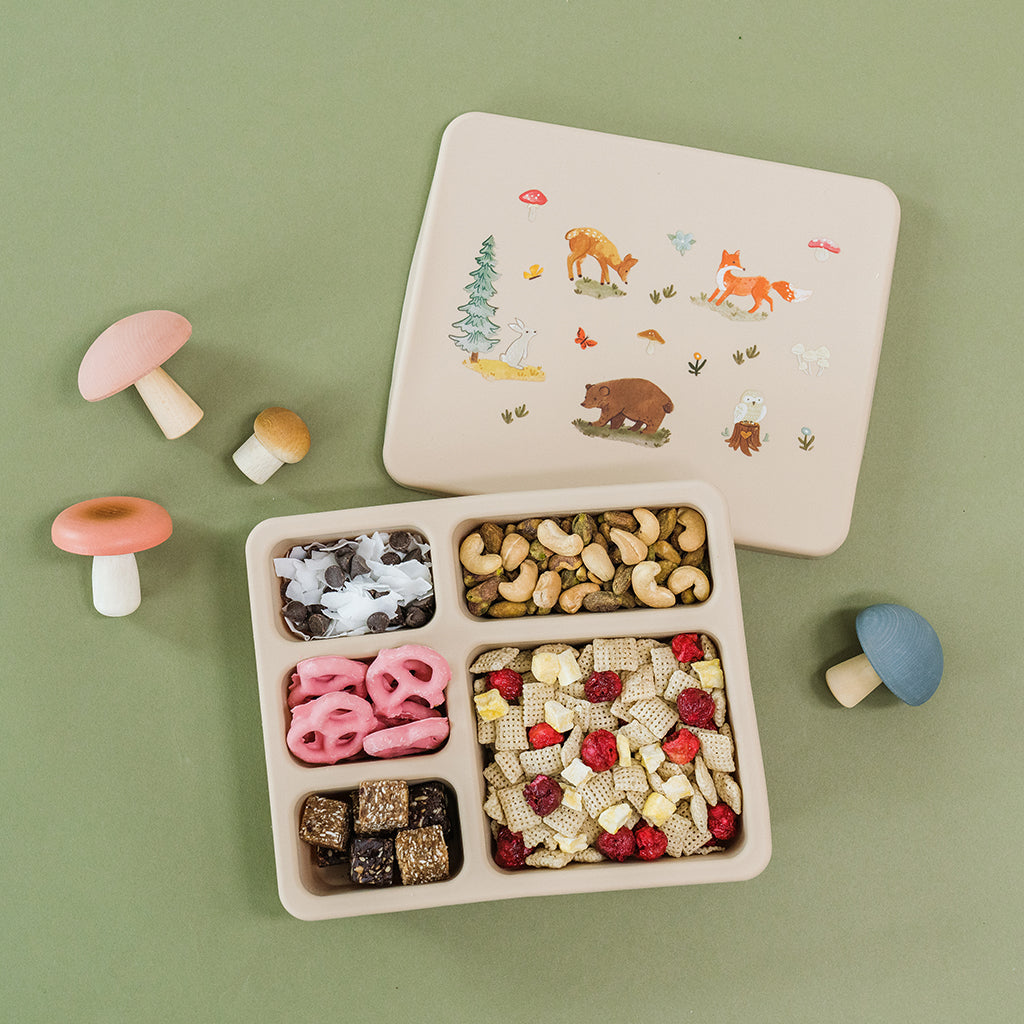 cream bento box with woodland animal print