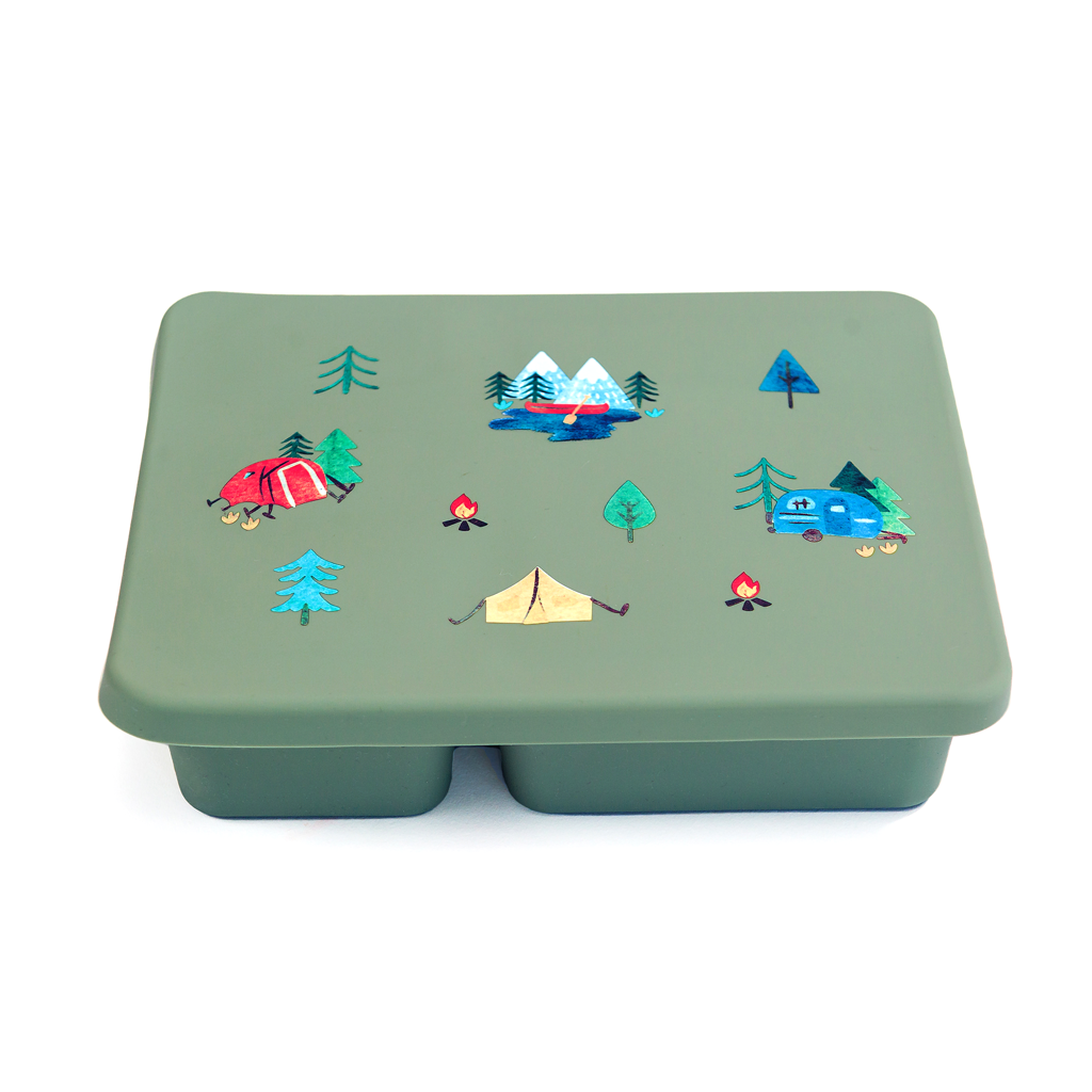 green bento lunch box with camping print