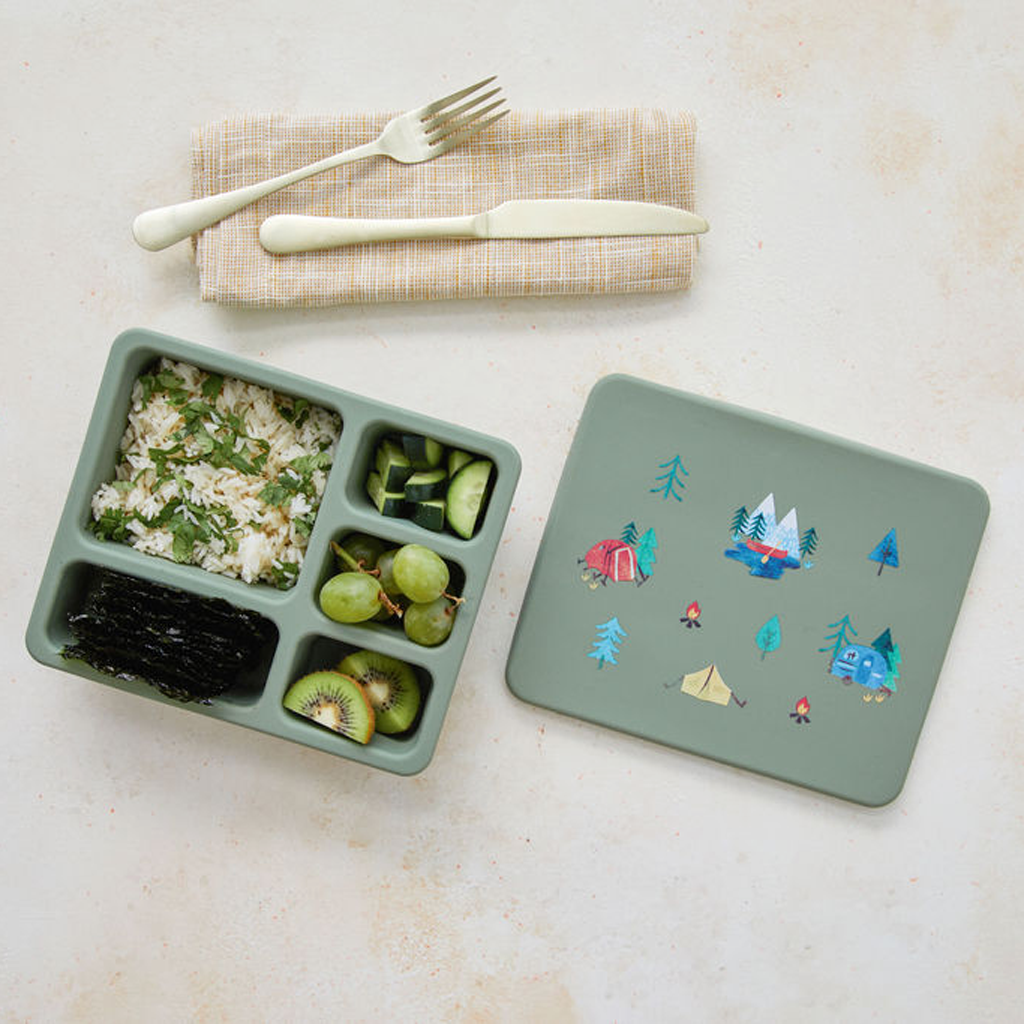 green bento lunch box with camping print