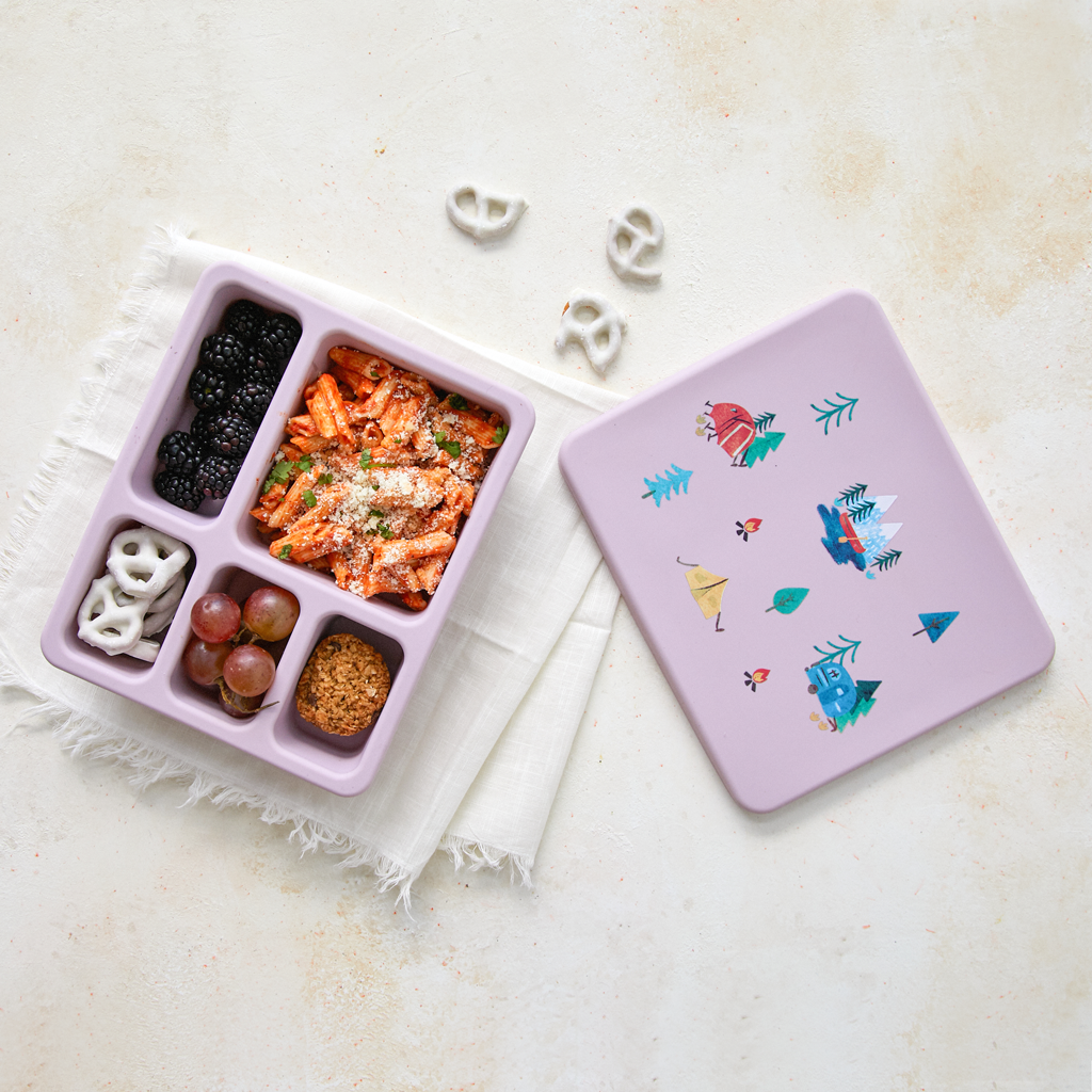 violet bento lunch box with camping print