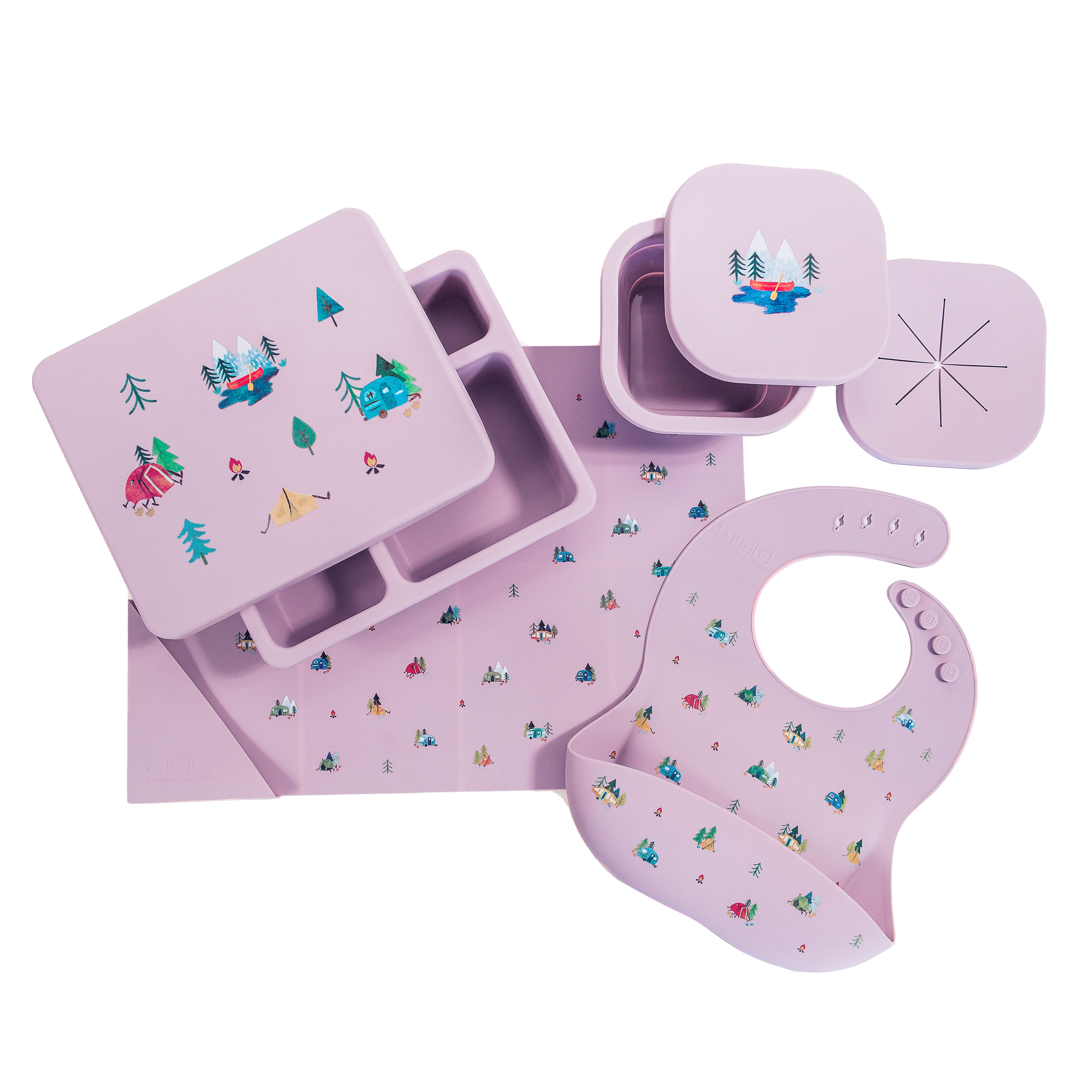 violet camping print silicone gift set with lunch bento box, snack bowl, feeding bib, and placemat