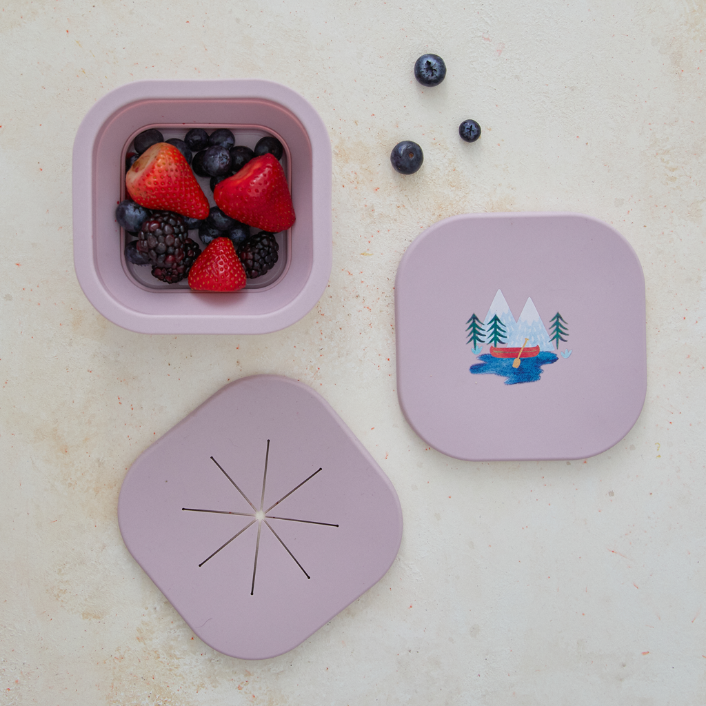 viiolet snack bowl with two lids in camping print