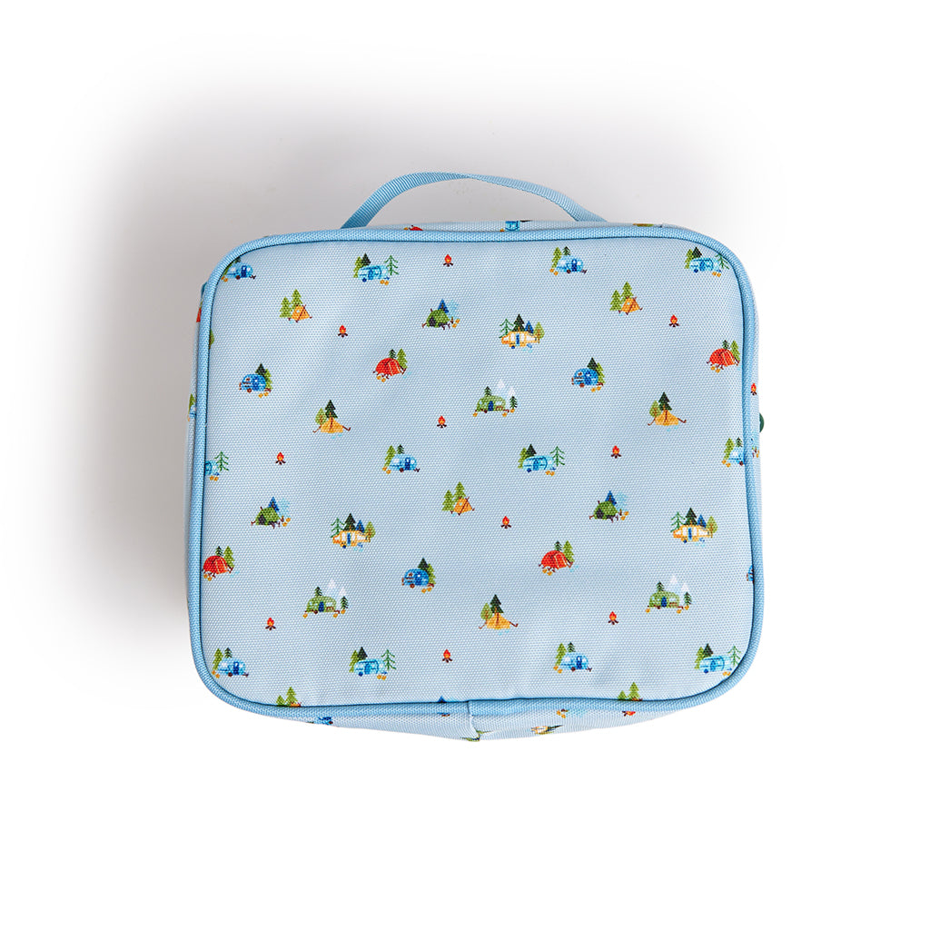 blue lunch bag with camping print