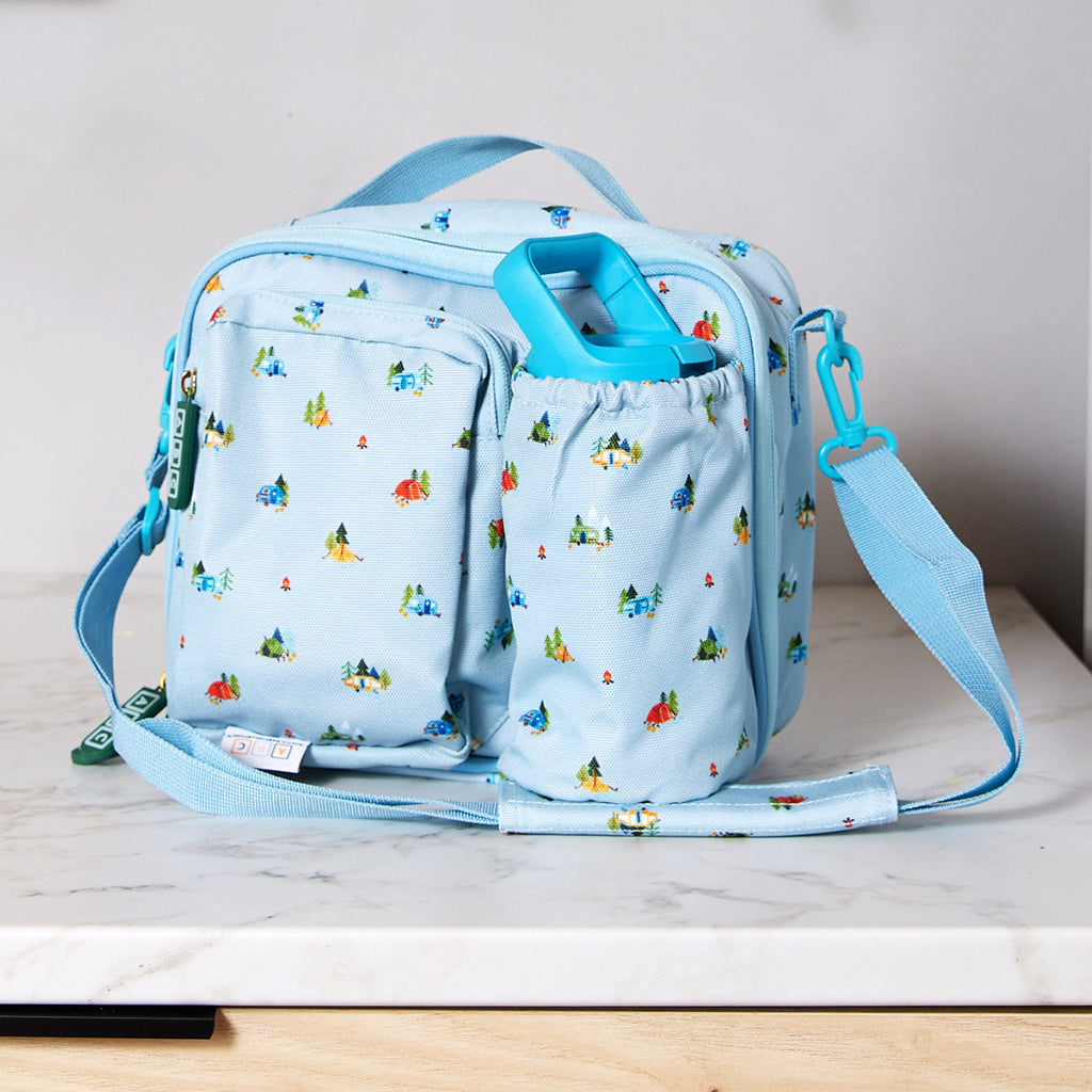 blue lunch bag with camping print