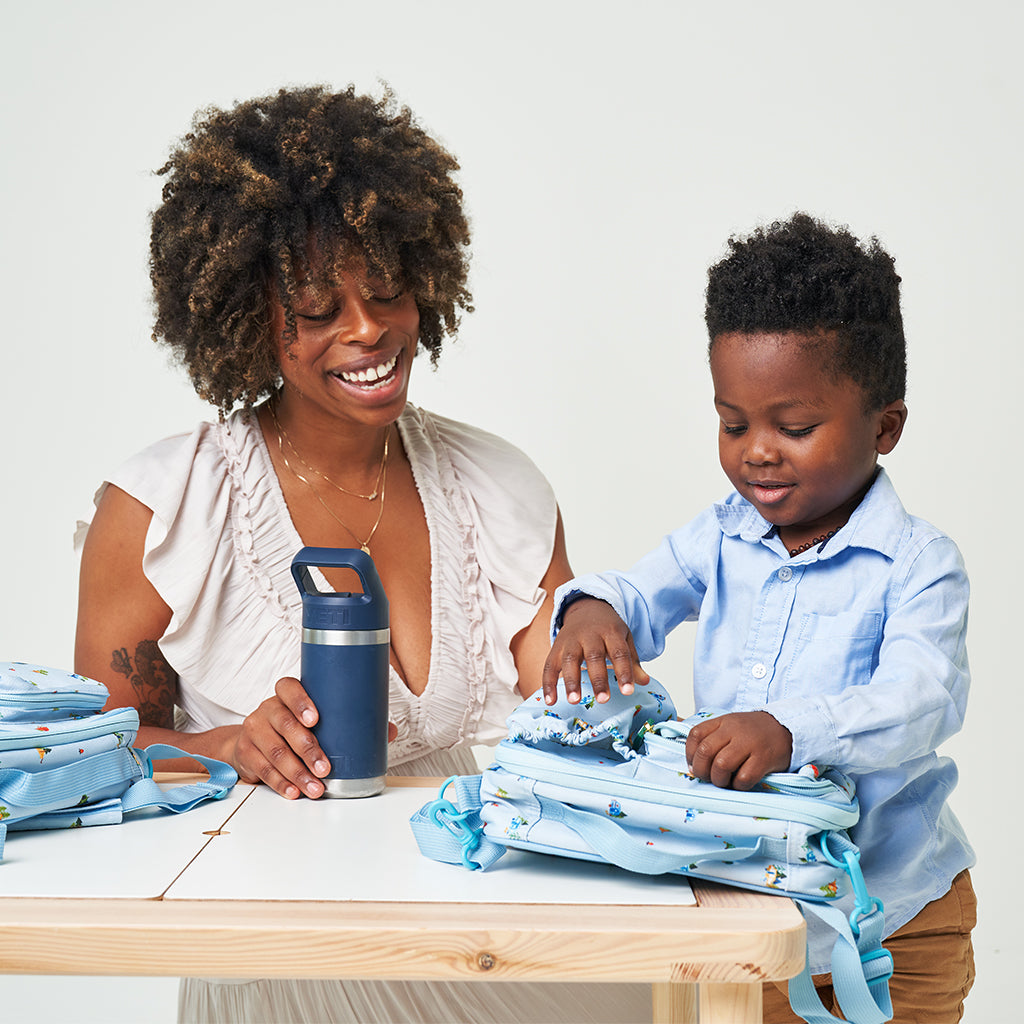 blue lunch bag with camping print