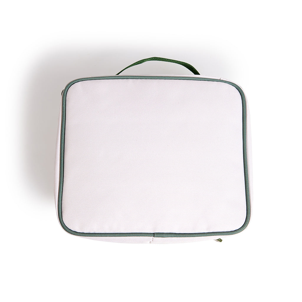 cream lunch bag with green accents