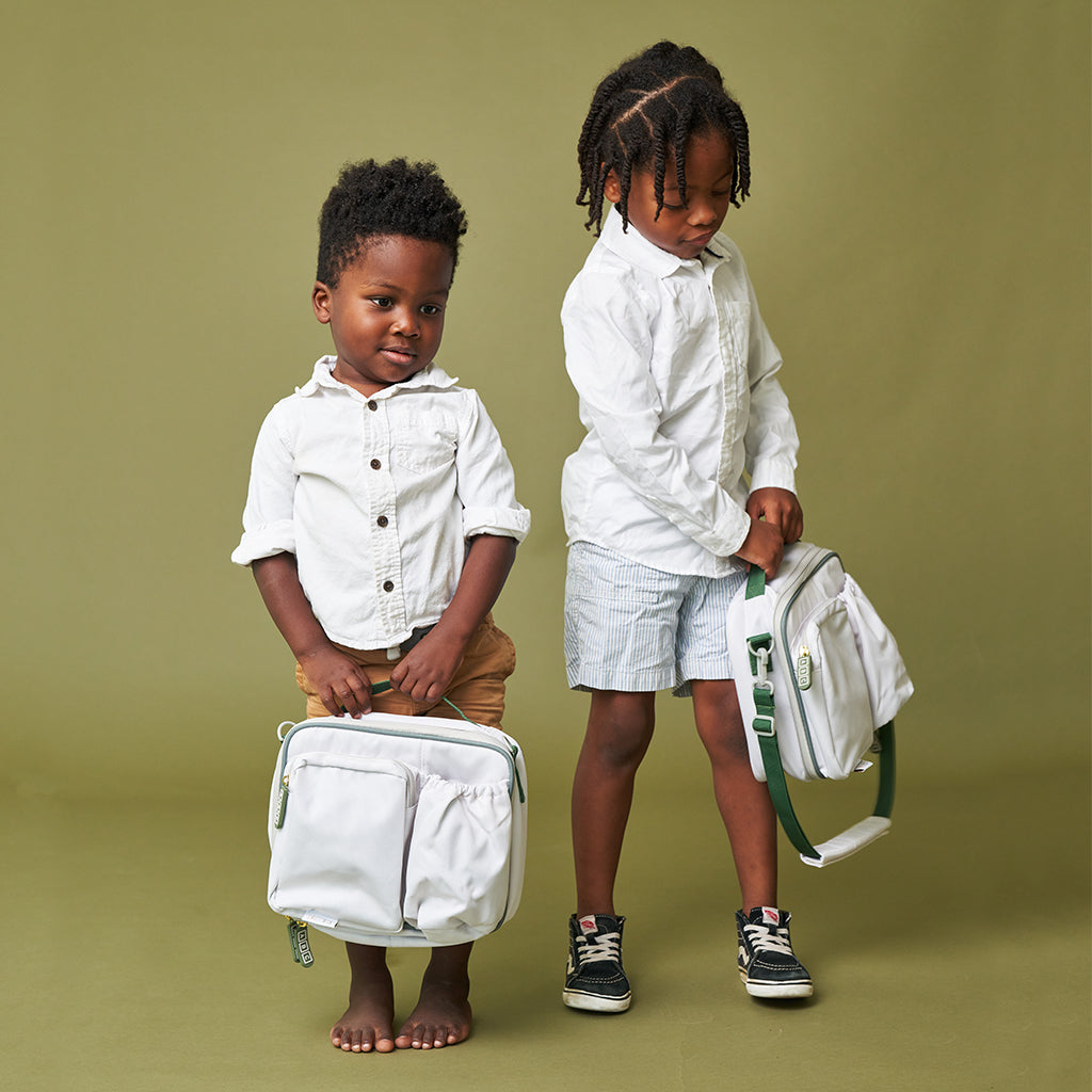 cream lunch bag with green accents